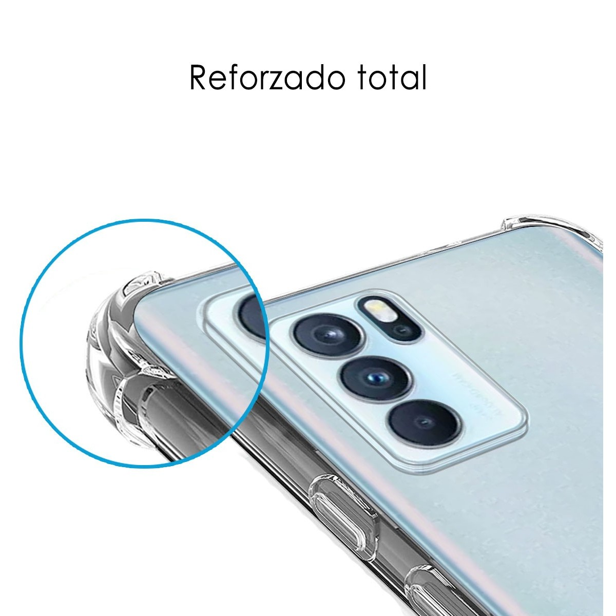 Un primer plano de la esquina de un teléfono, que muestra el teléfono y el texto "Reforzado total".