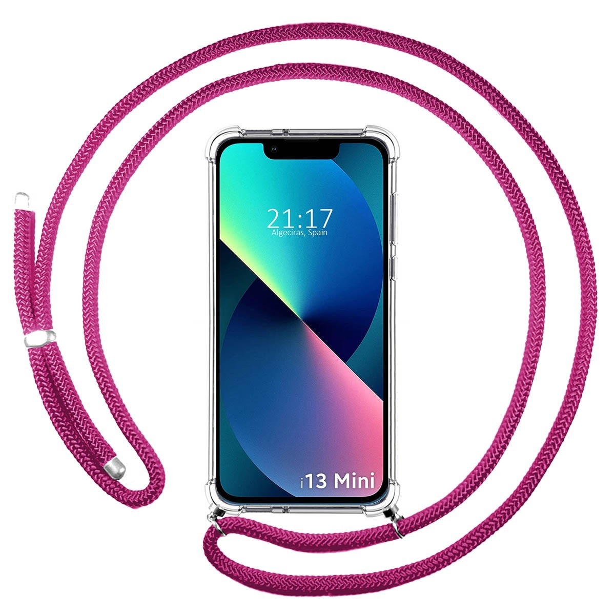 Un telefono con un cordino rosa. Il telefono è in una custodia trasparente.