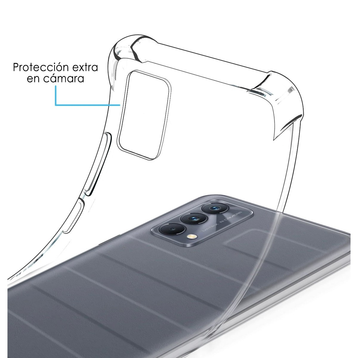 Una funda transparente sobre un teléfono gris. Tiene protección de cámara.