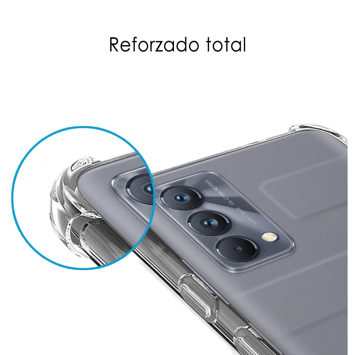 Primer plano de una funda de teléfono, que muestra la esquina del teléfono con una lente.