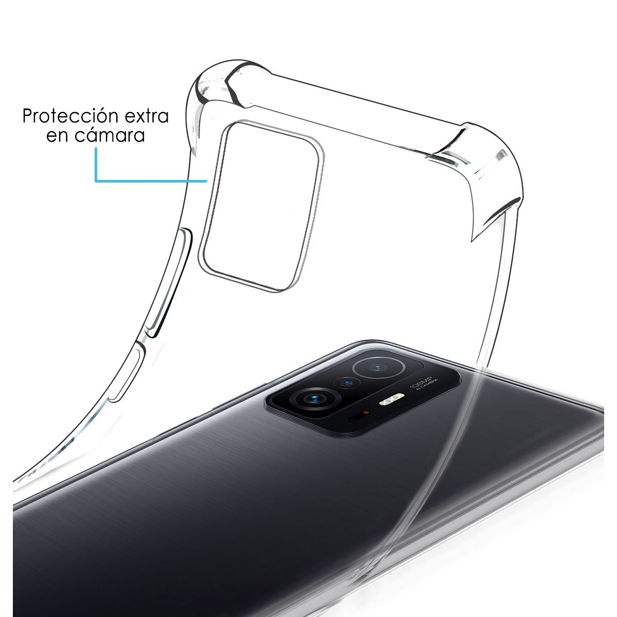 Funda transparente para teléfono y un teléfono, con ilustración de protección de cámara.