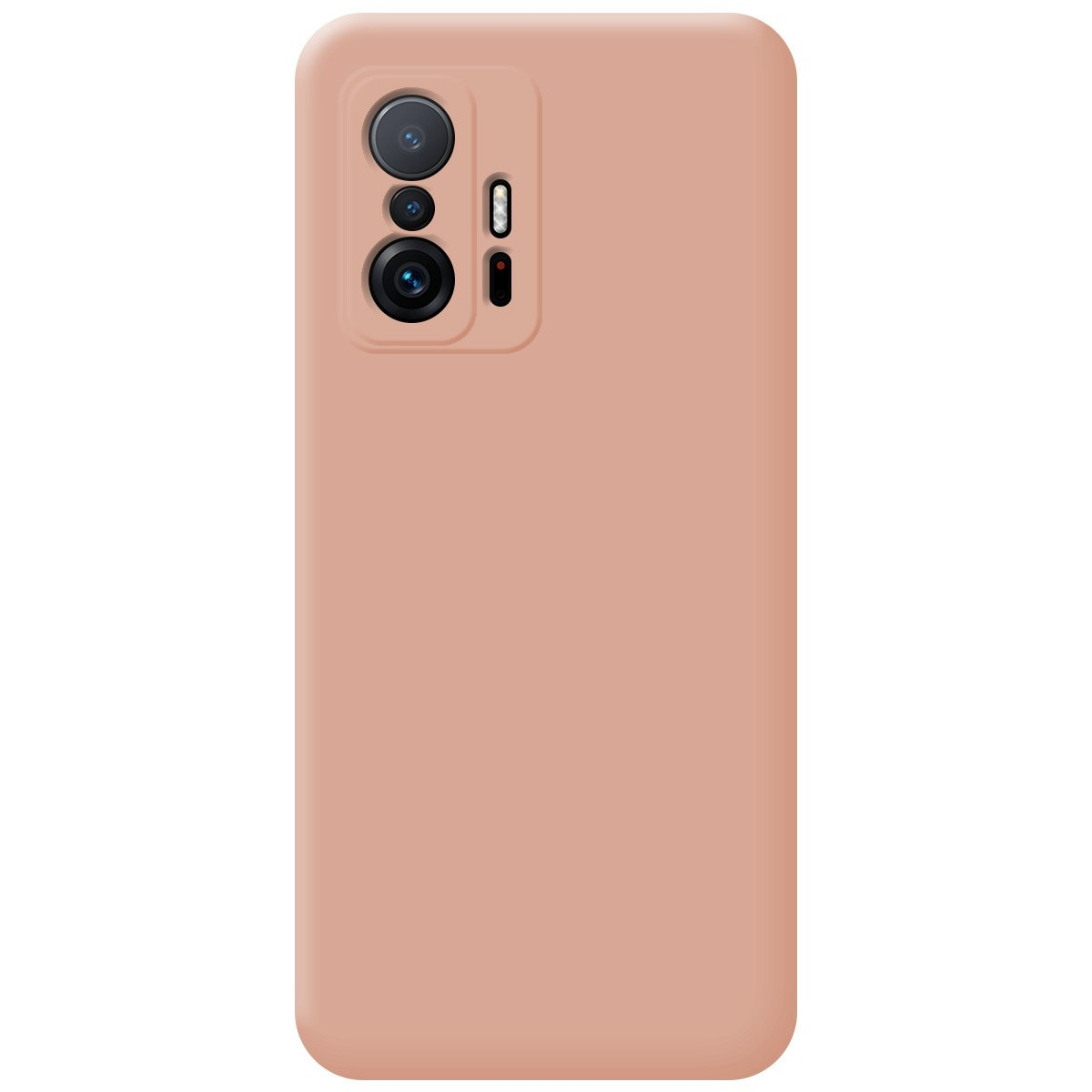 Una funda de teléfono color melocotón. Tiene un módulo de cámara en la parte superior izquierda.