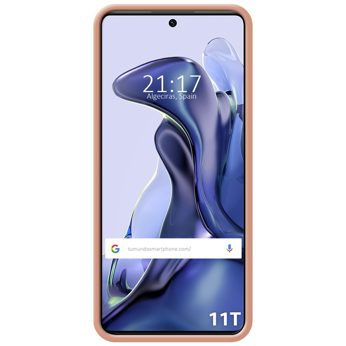 Smartphone con funda color melocotón que muestra una hora y una barra de búsqueda.