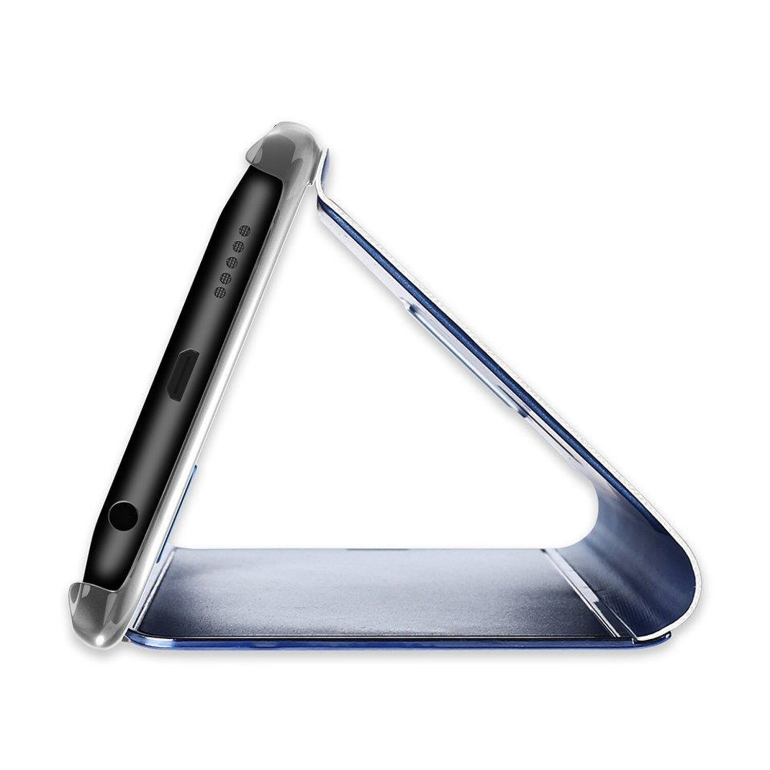 Telefon in einer blauen Hülle. Die Hülle ist geöffnet und stützt das Telefon.