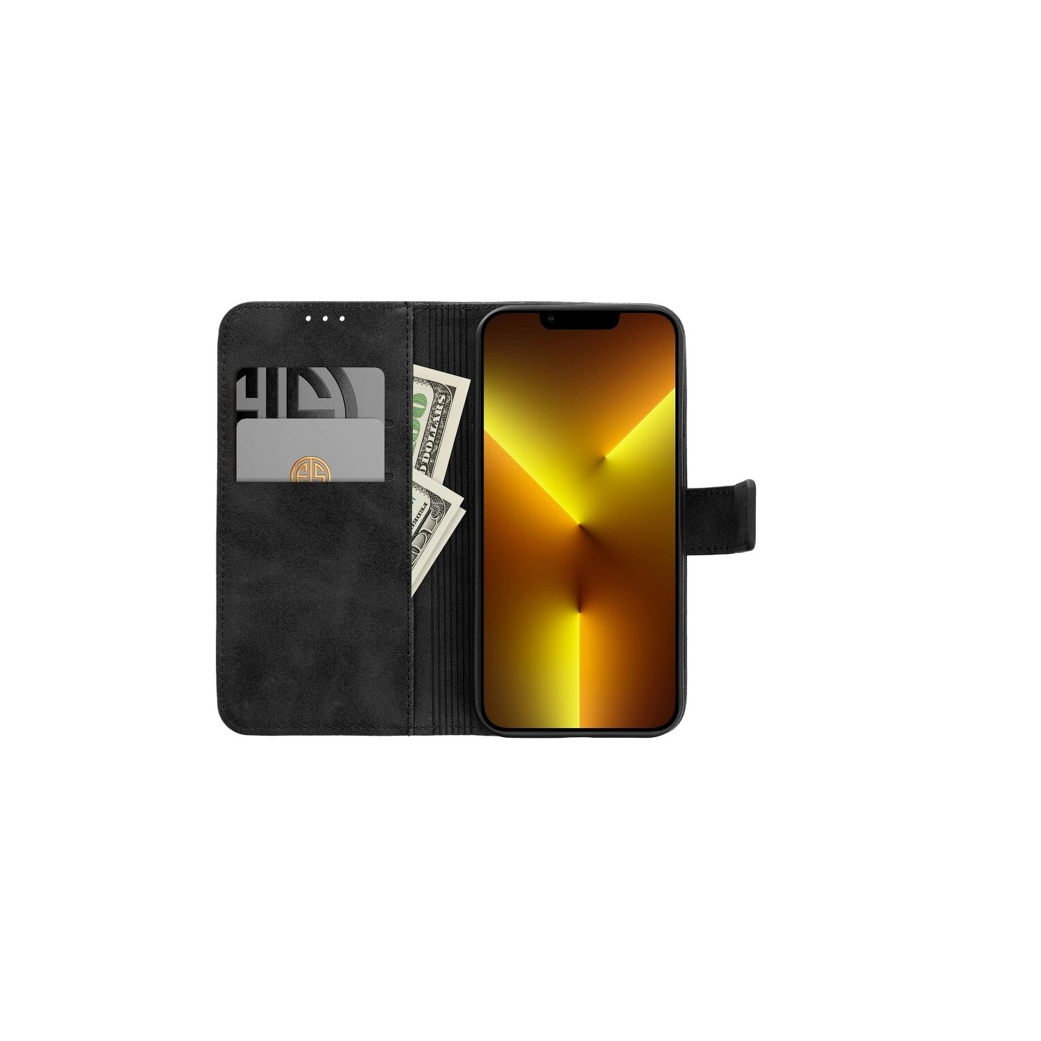 Schwarze Handyhülle mit Telefon. Karten- und Geldfächer und ein Magnetverschlussriemen.