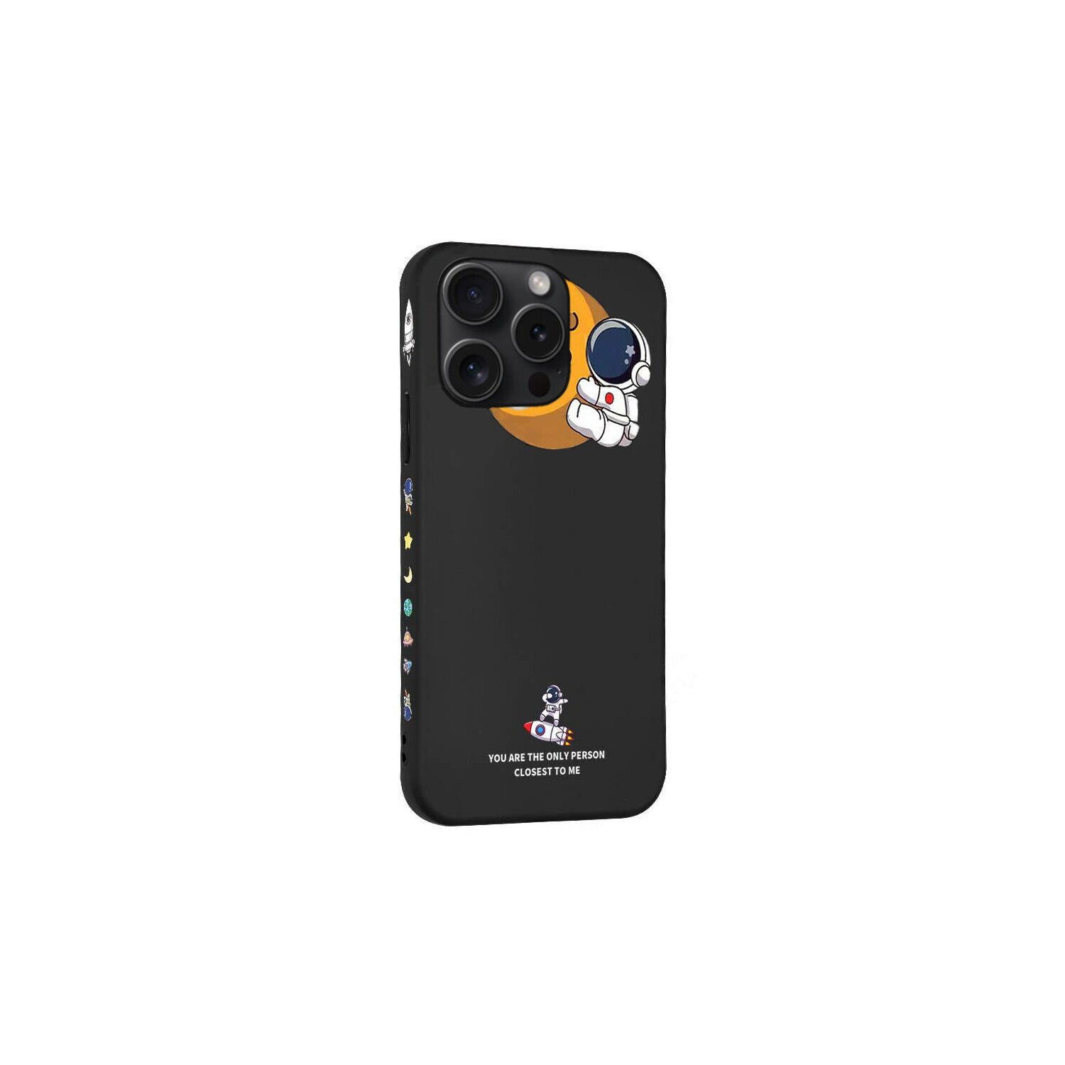 Schwarze Handyhülle mit Astronauten-Design auf der Rückseite, auf Weiß.