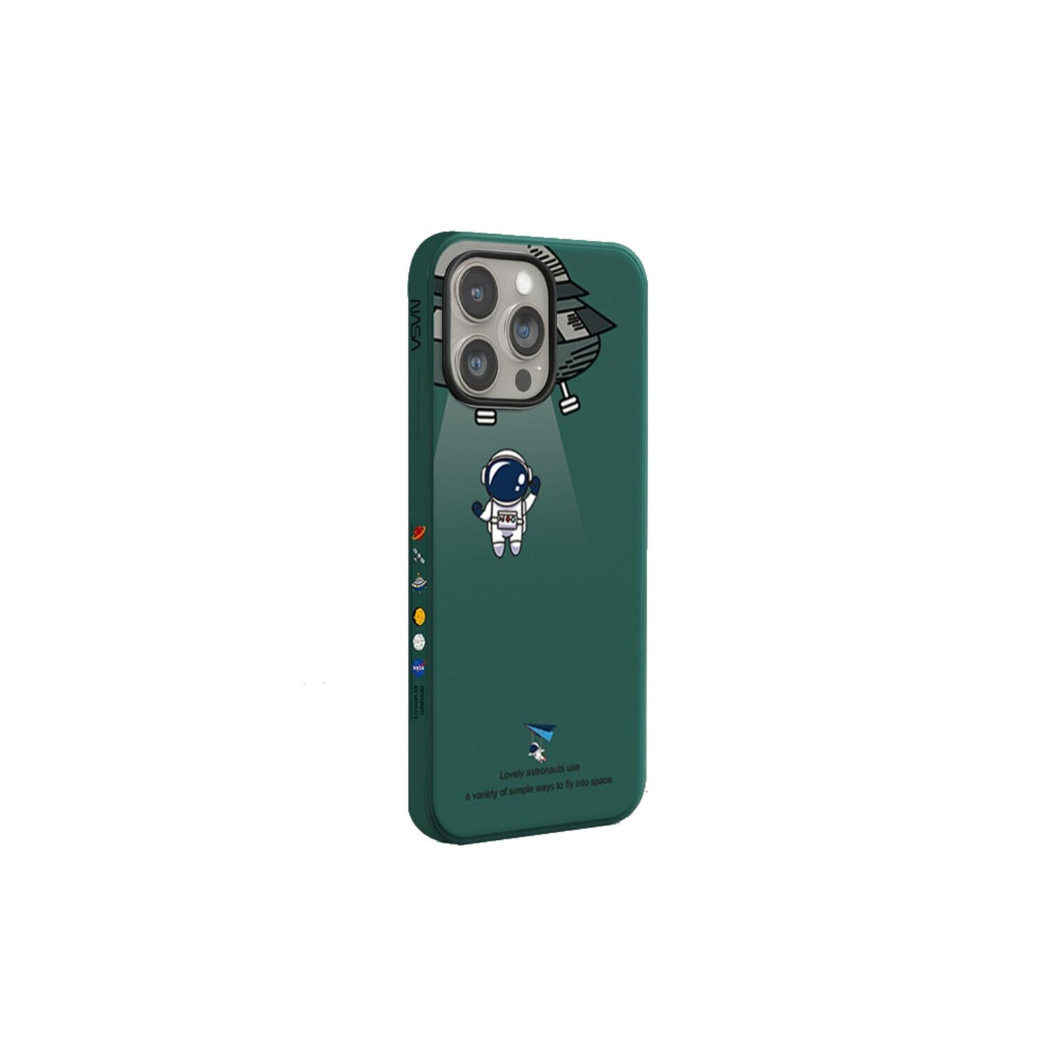 Grüne Handyhülle mit Astronauten-Design. Das Telefon ist weiß. Der Hintergrund ist weiß.