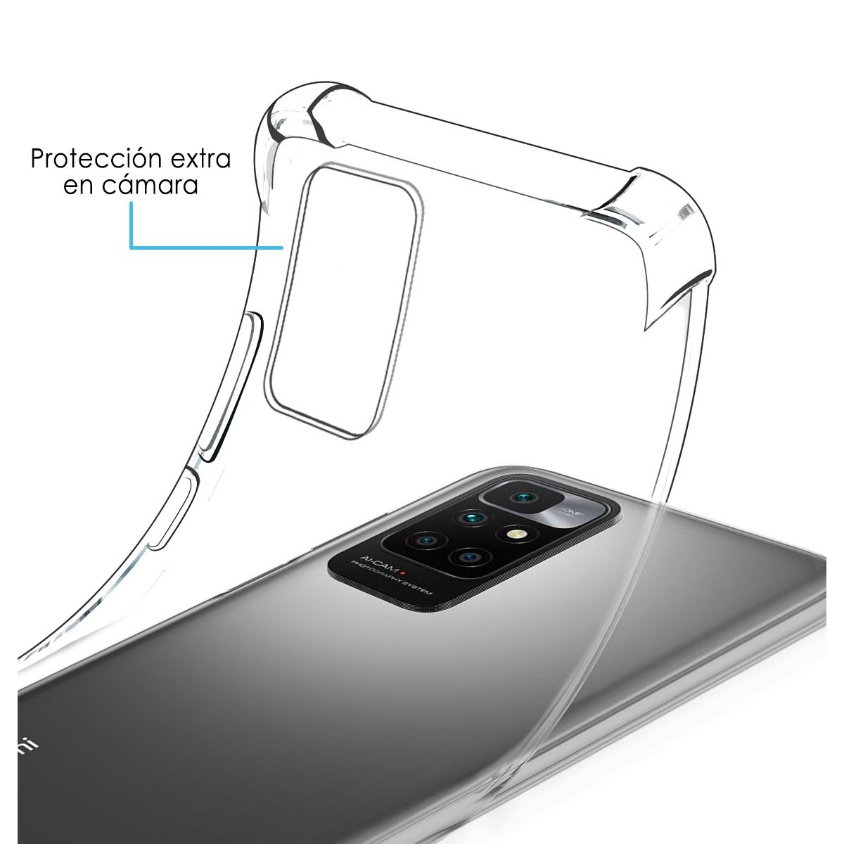 Funda transparente para teléfono. La funda es transparente con zona de cámara reforzada.