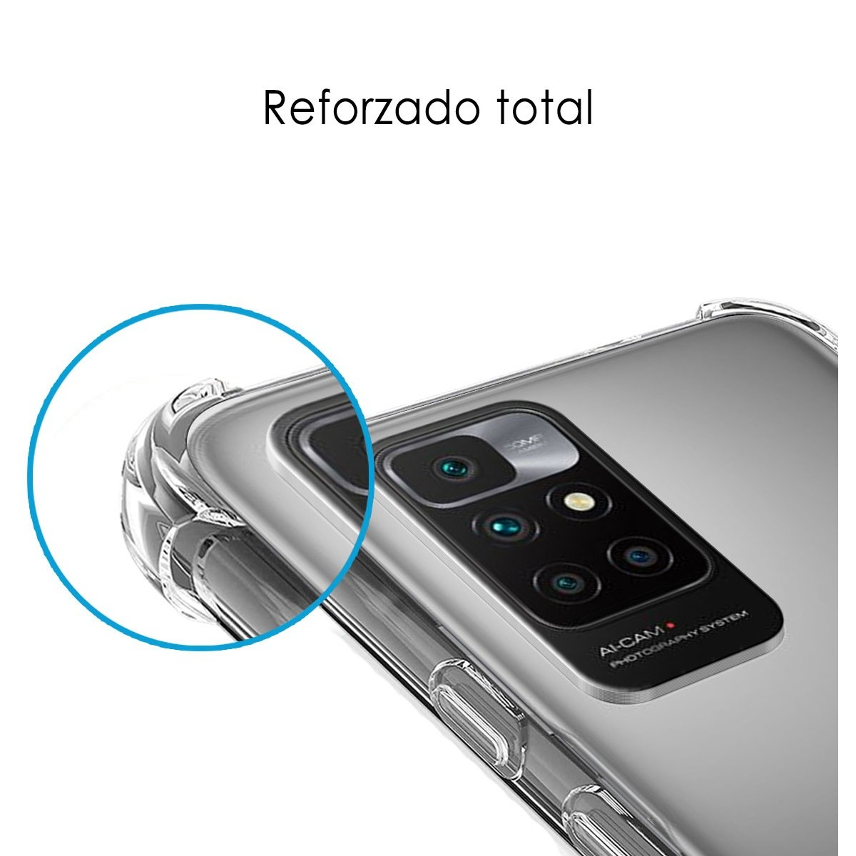 Primer plano de la parte superior de una funda de teléfono. La funda del teléfono es transparente.