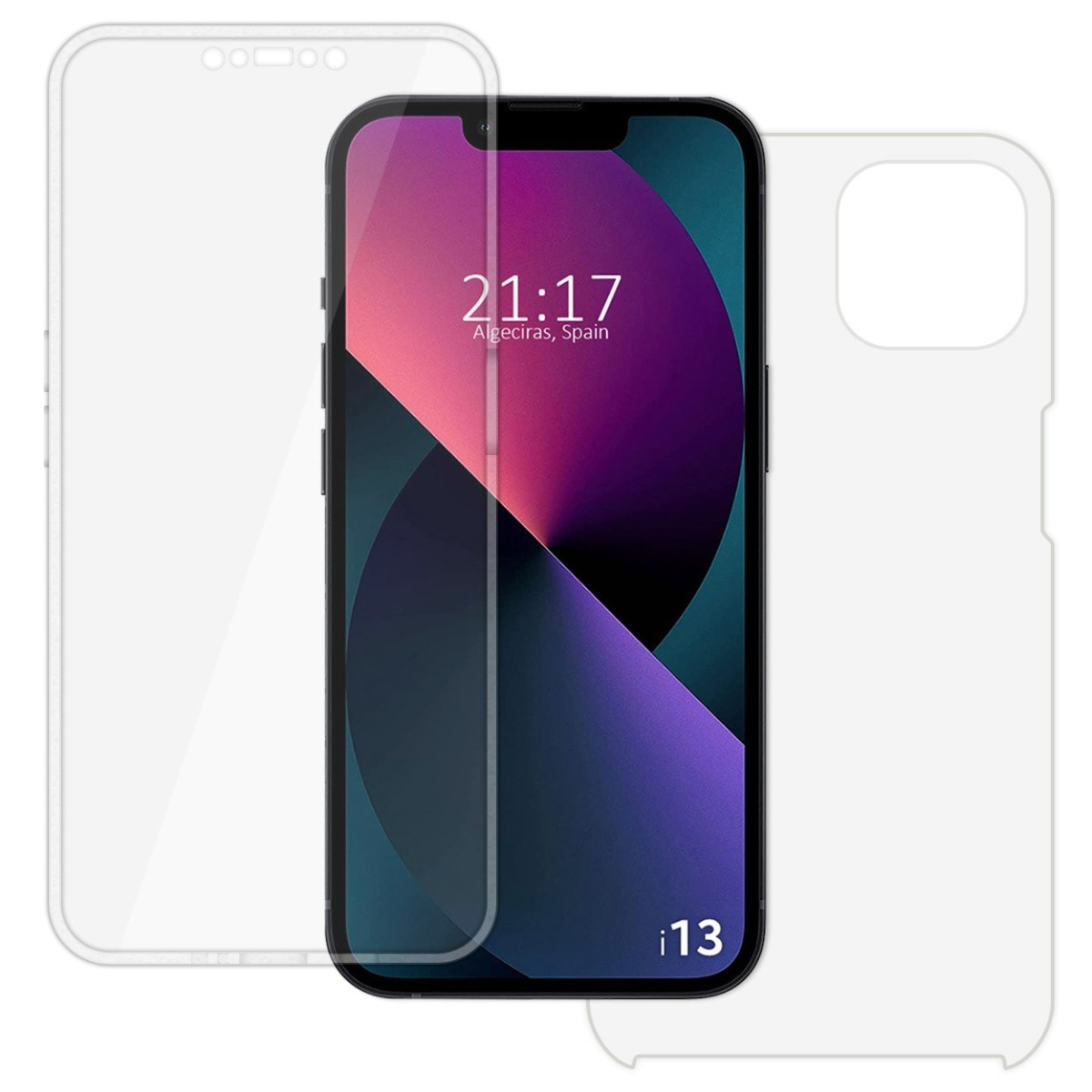 iPhone con protezione schermo e custodia. Custodia e protezione bianche, che mostrano lo schermo del telefono.