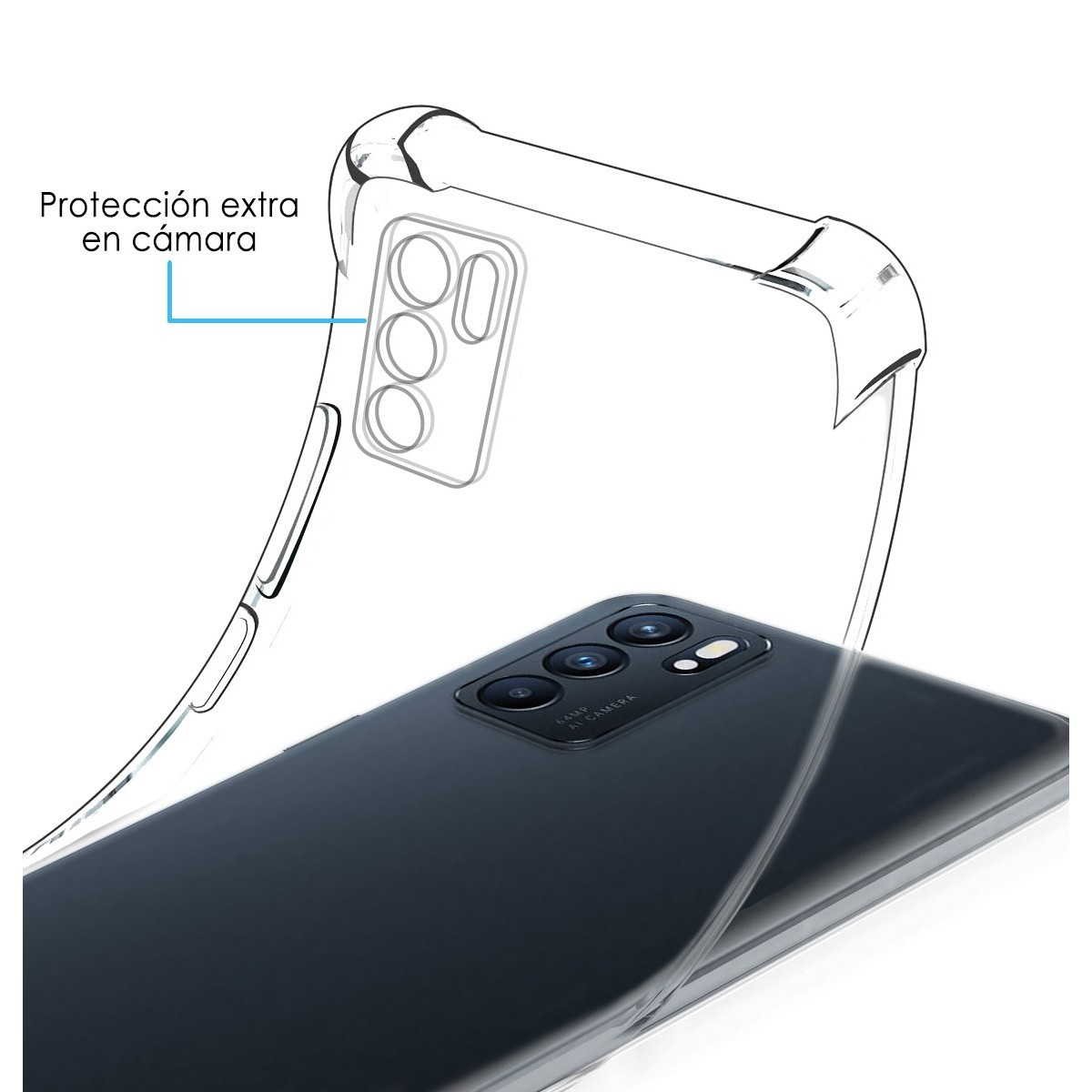 Una funda de teléfono con un diseño protector. El teléfono está dentro. El fondo es blanco liso.