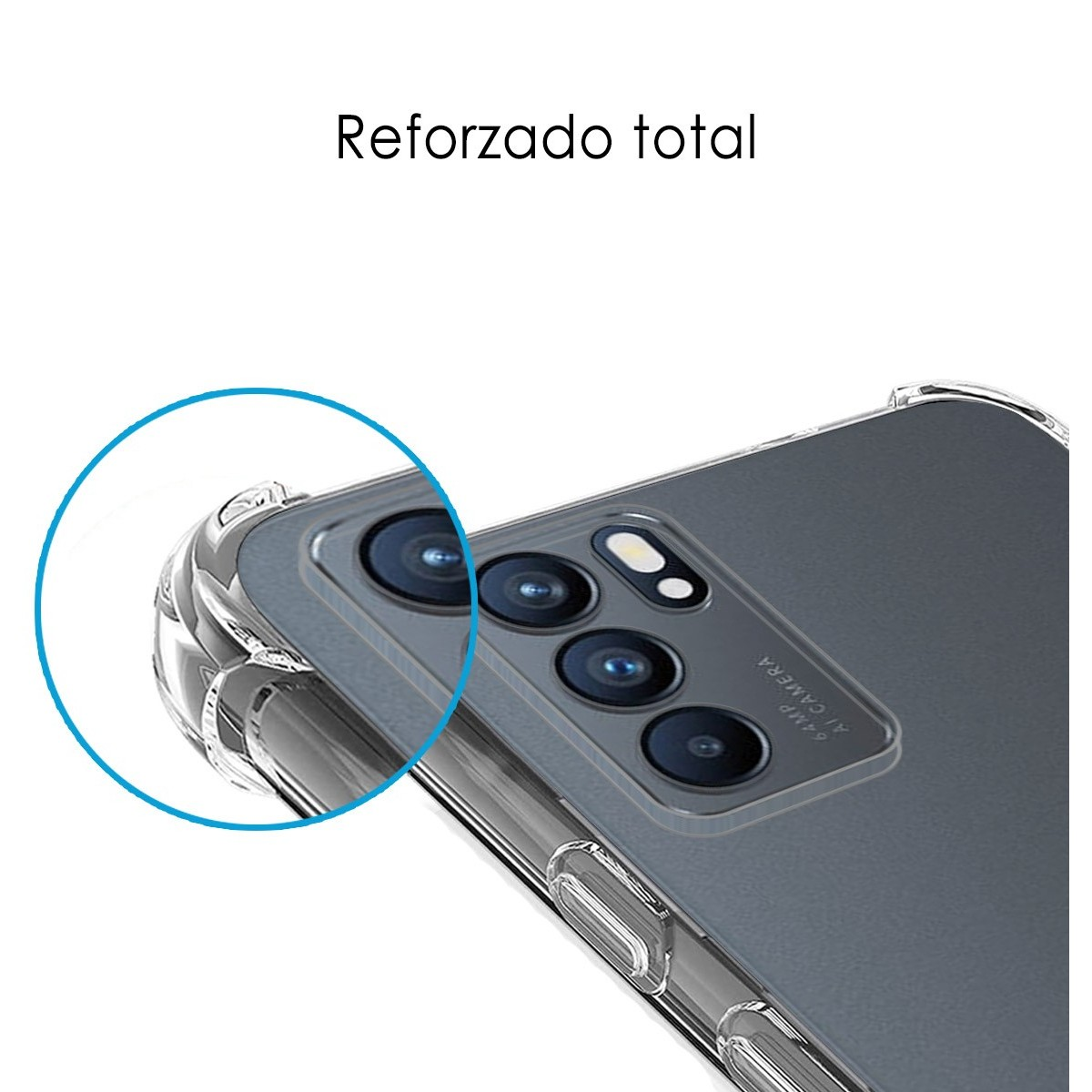 Primer plano de la lente de la cámara del teléfono y la funda con texto 'Reforzado total'.