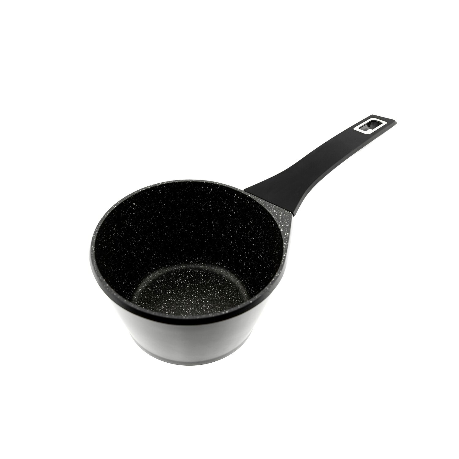 Schwarzer Kochtopf mit schwarzem Griff und weiß gesprenkeltem Innenraum.