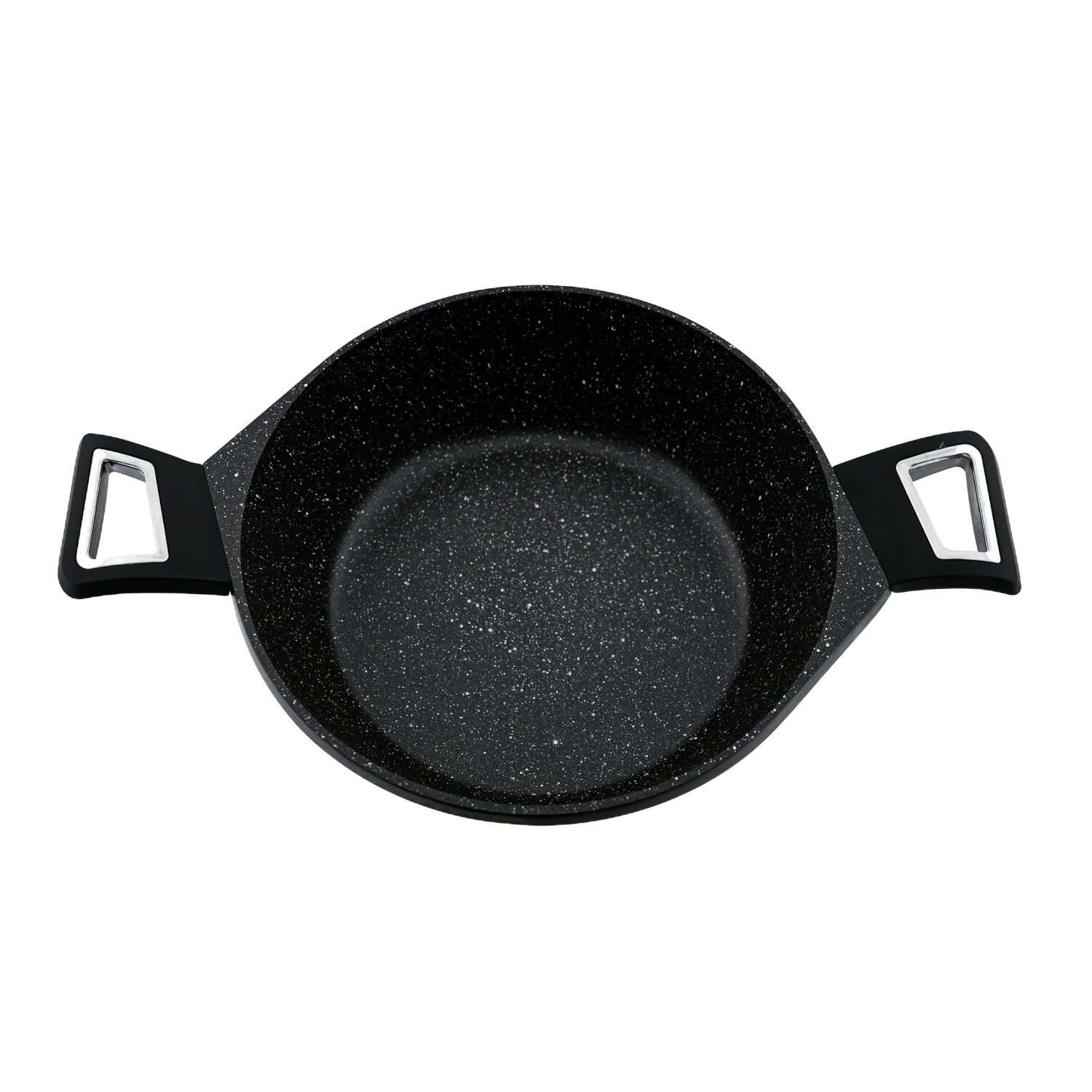 Schwarze, gesprenkelte Pfanne mit Griffen, Draufsicht.