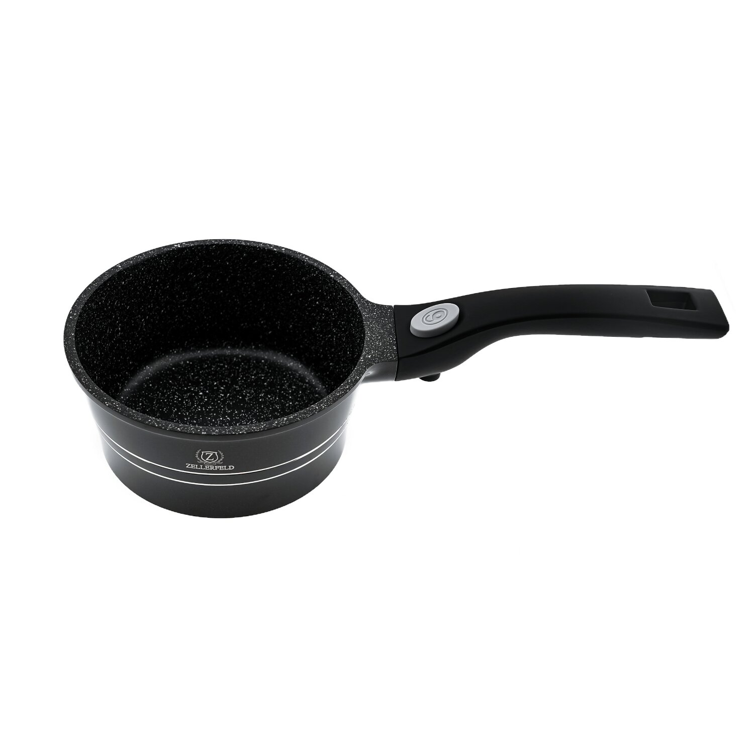 Schwarzer Kochtopf mit gesprenkeltem Innenraum, schwarzem Griff und Metallrand.