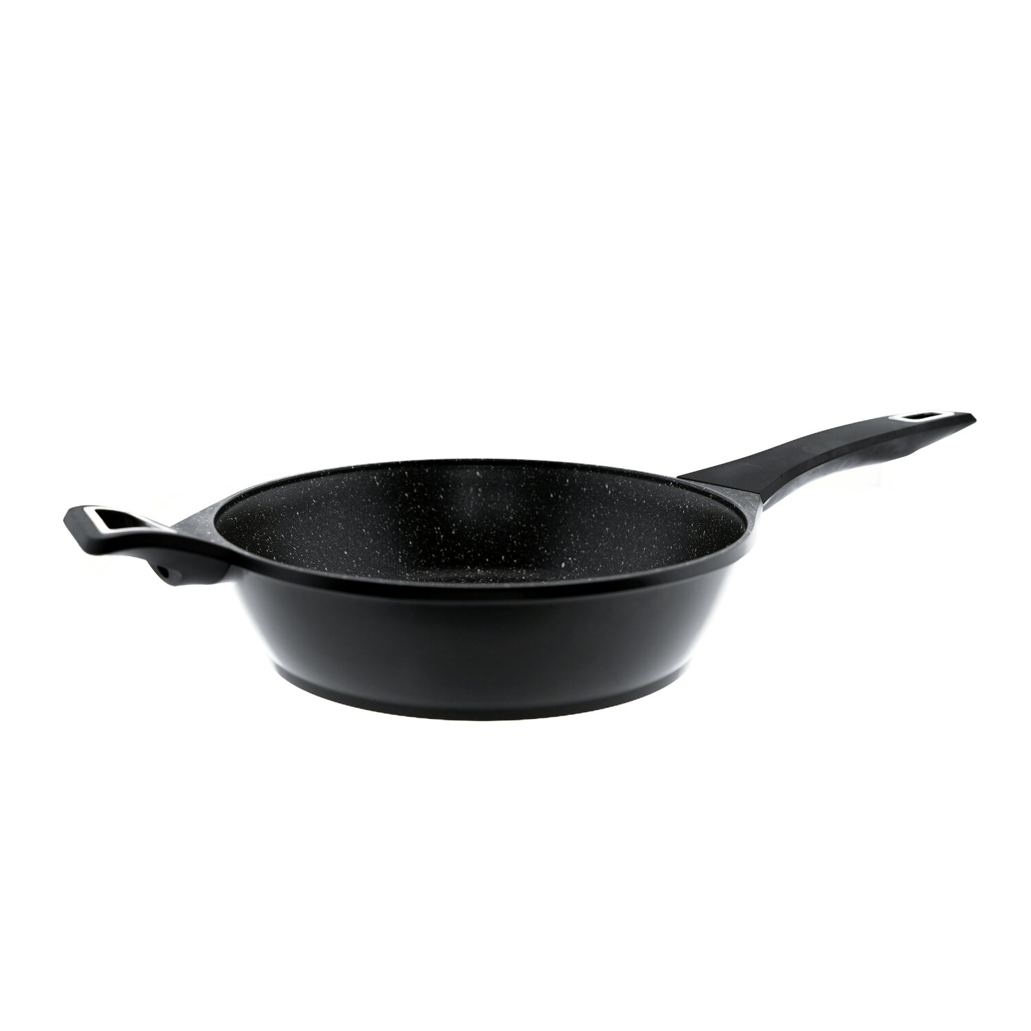 Schwarze Bratpfanne mit langem Griff, gesprenkelte Oberfläche, weißer Hintergrund.