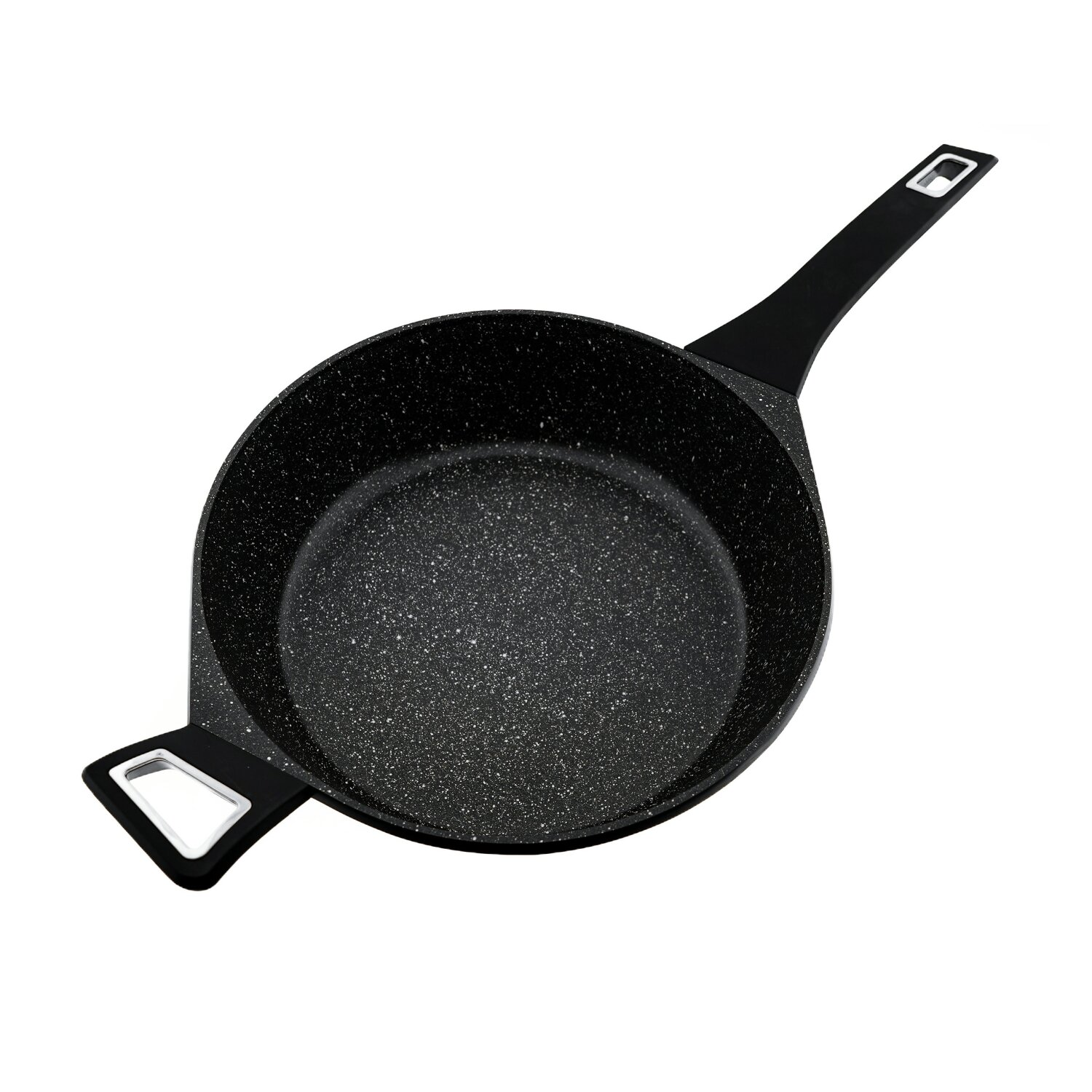 Schwarze Bratpfanne mit gesprenkelter Kochfläche und Griff.