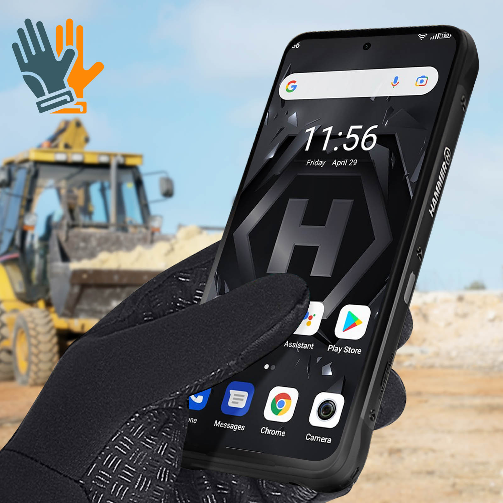 Eine behandschuhte Hand benutzt ein Telefon mit App-Symbolen und Uhrzeit auf einer Baustelle.