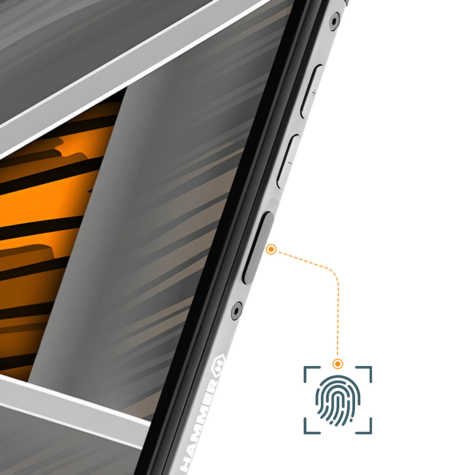Nahaufnahme eines Smartphones mit Fingerabdrucksensor-Symbol und Tasten an der Seite.