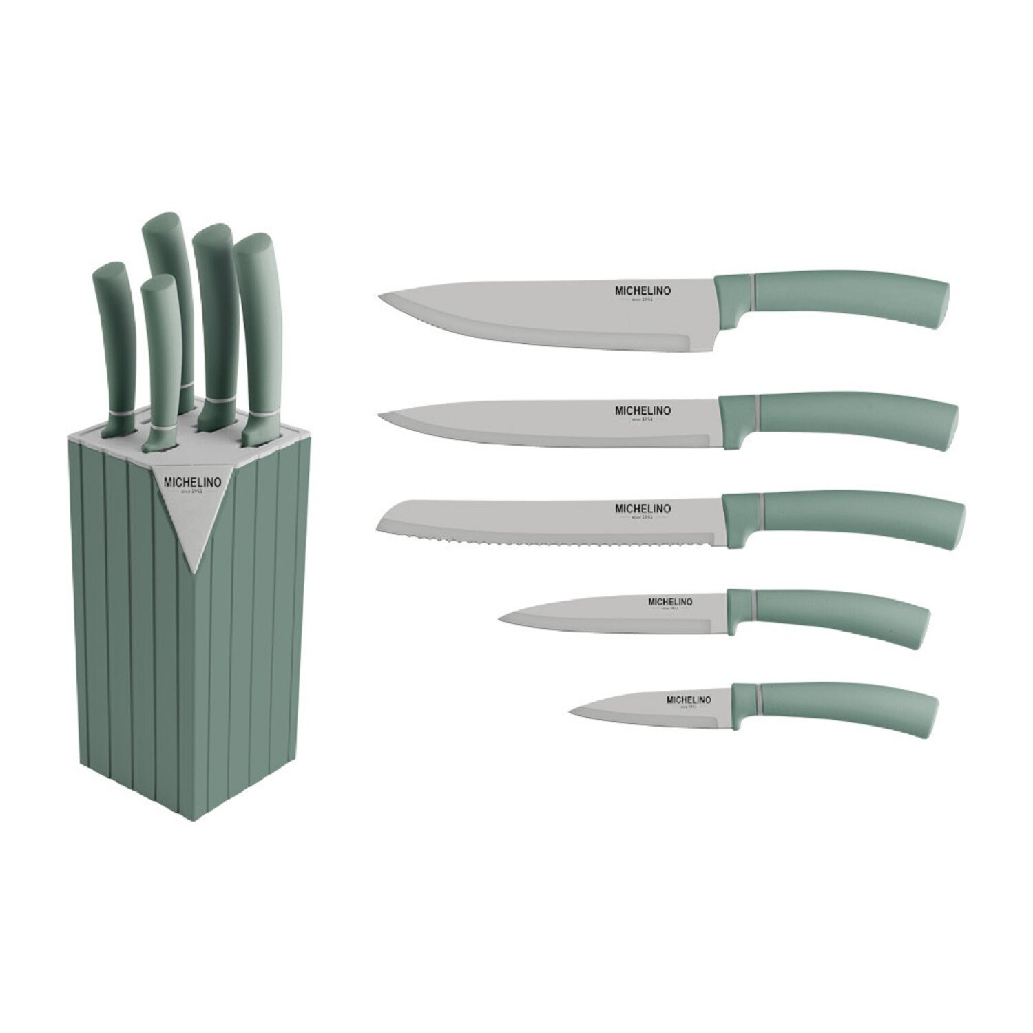 Set von Küchenmessern und einem Holzblock. Grüne Griffe mit silbernen Klingen.