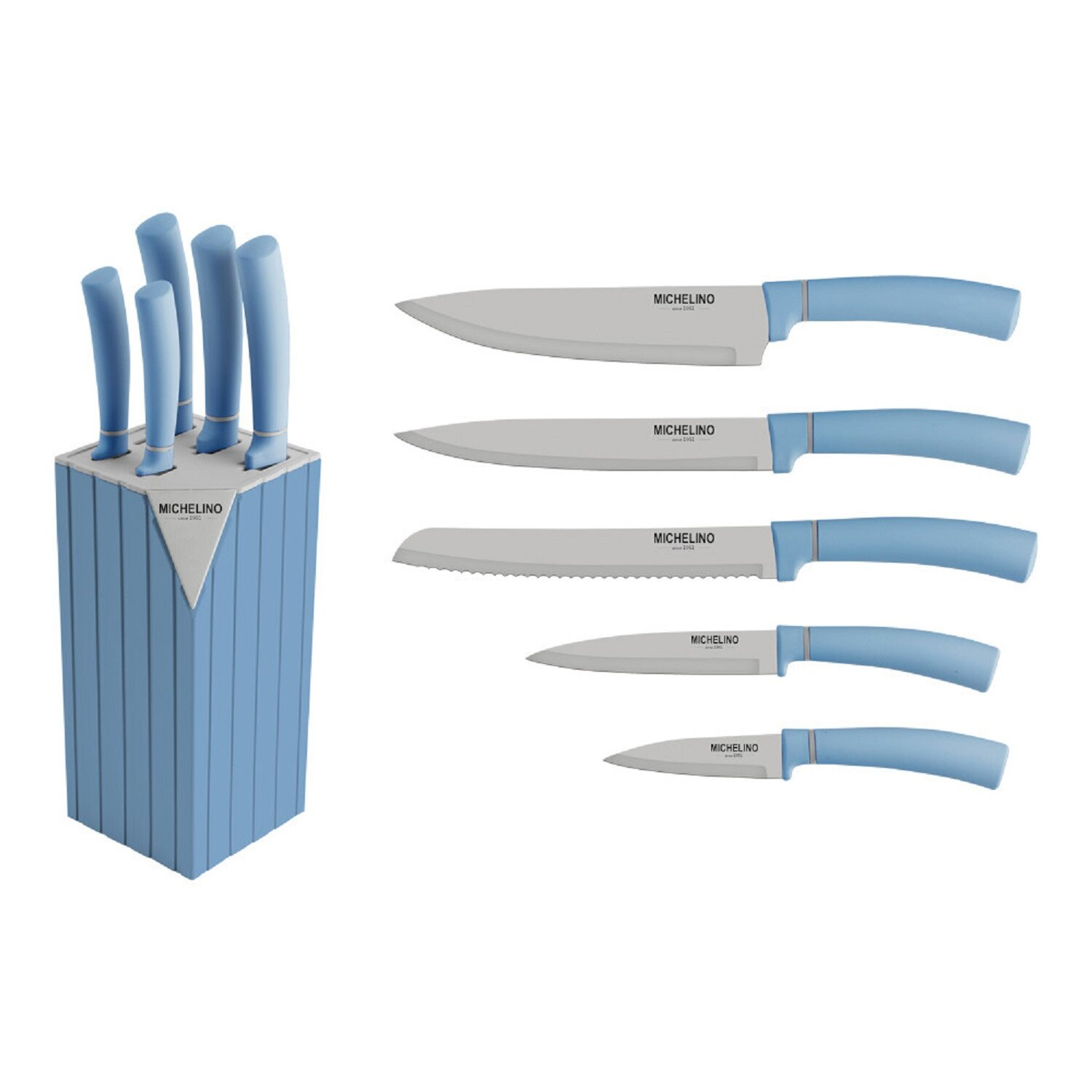 Küchenmesser-Set in einem blauen Block, mit blauem Griff auf weißem Hintergrund.
