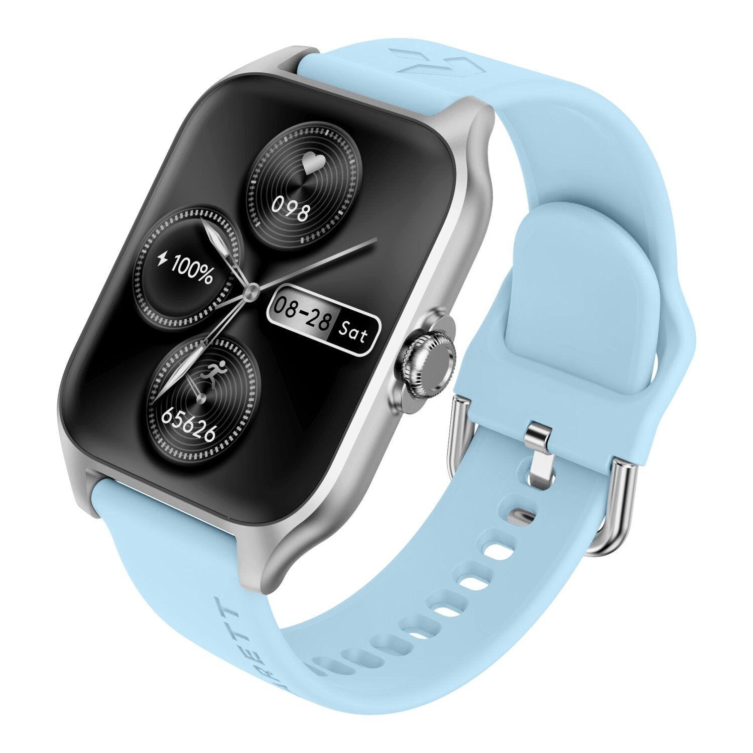 Smartwatch mit hellblauem Armband, zeigt Statistiken, silberner Rahmen.