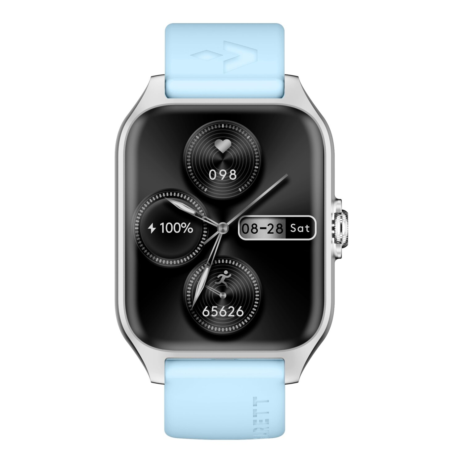 Smartwatch mit schwarzem Bildschirm, der Zeit, Gesundheitsmetriken und Datum anzeigt. Hellblaues Armband.