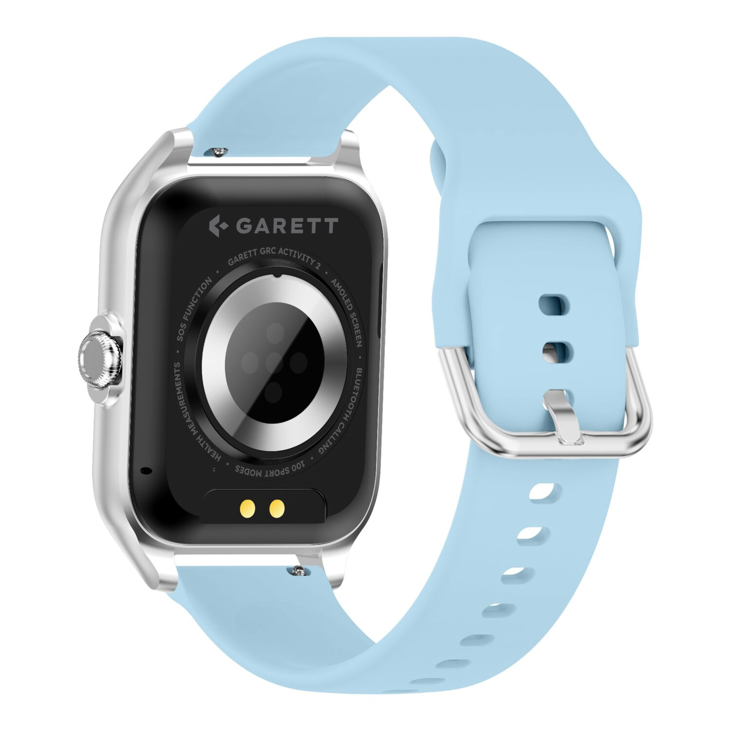 Eine silberne Smartwatch mit hellblauem Armband auf weißem Hintergrund.