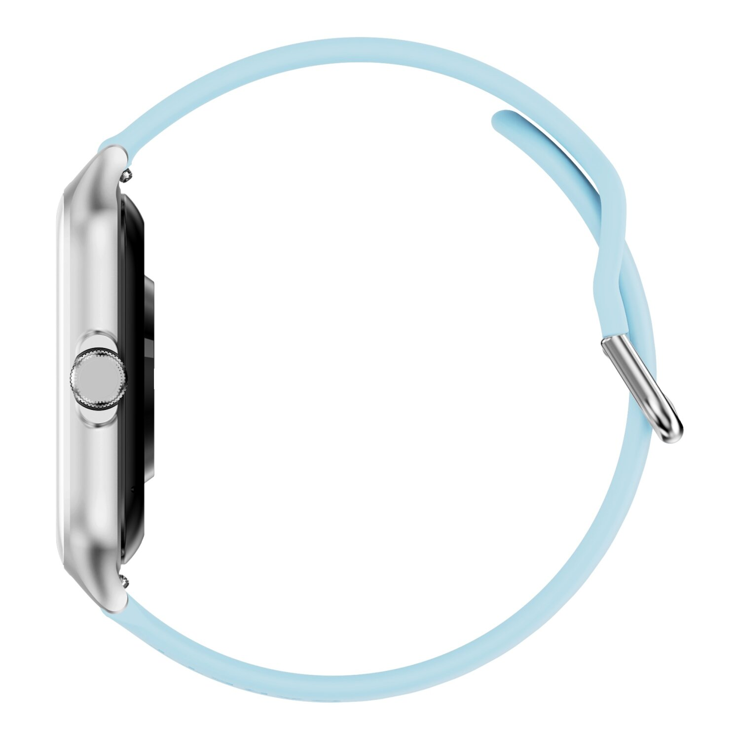 Seitenansicht einer silbernen Smartwatch mit hellblauem Armband. Die Uhr hat einen runden Knopf und liegt weiß.