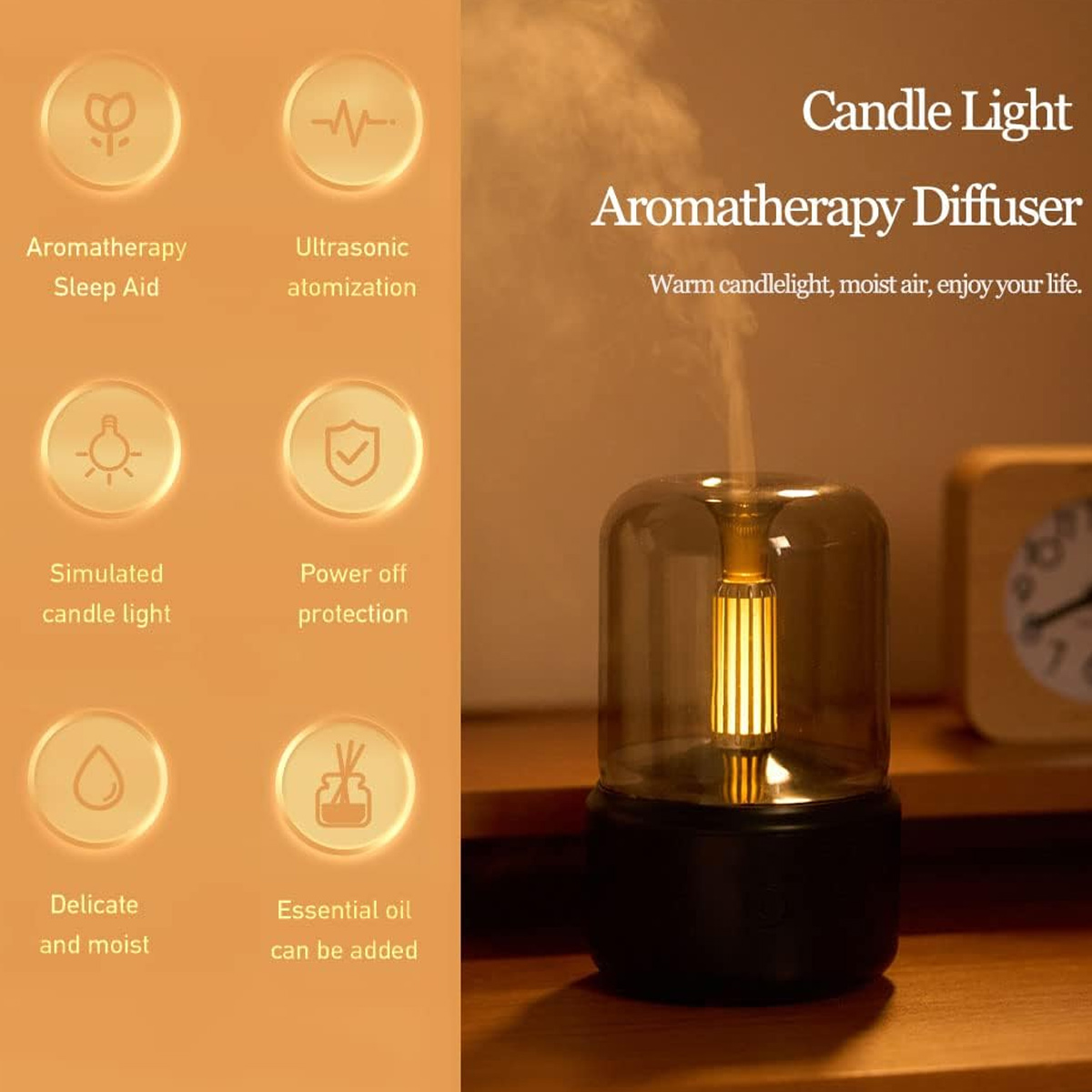 Aromatherapie-Diffusor mit kerzenähnlichem Licht, umgeben von Symbolen, die seine Funktionen beschreiben.