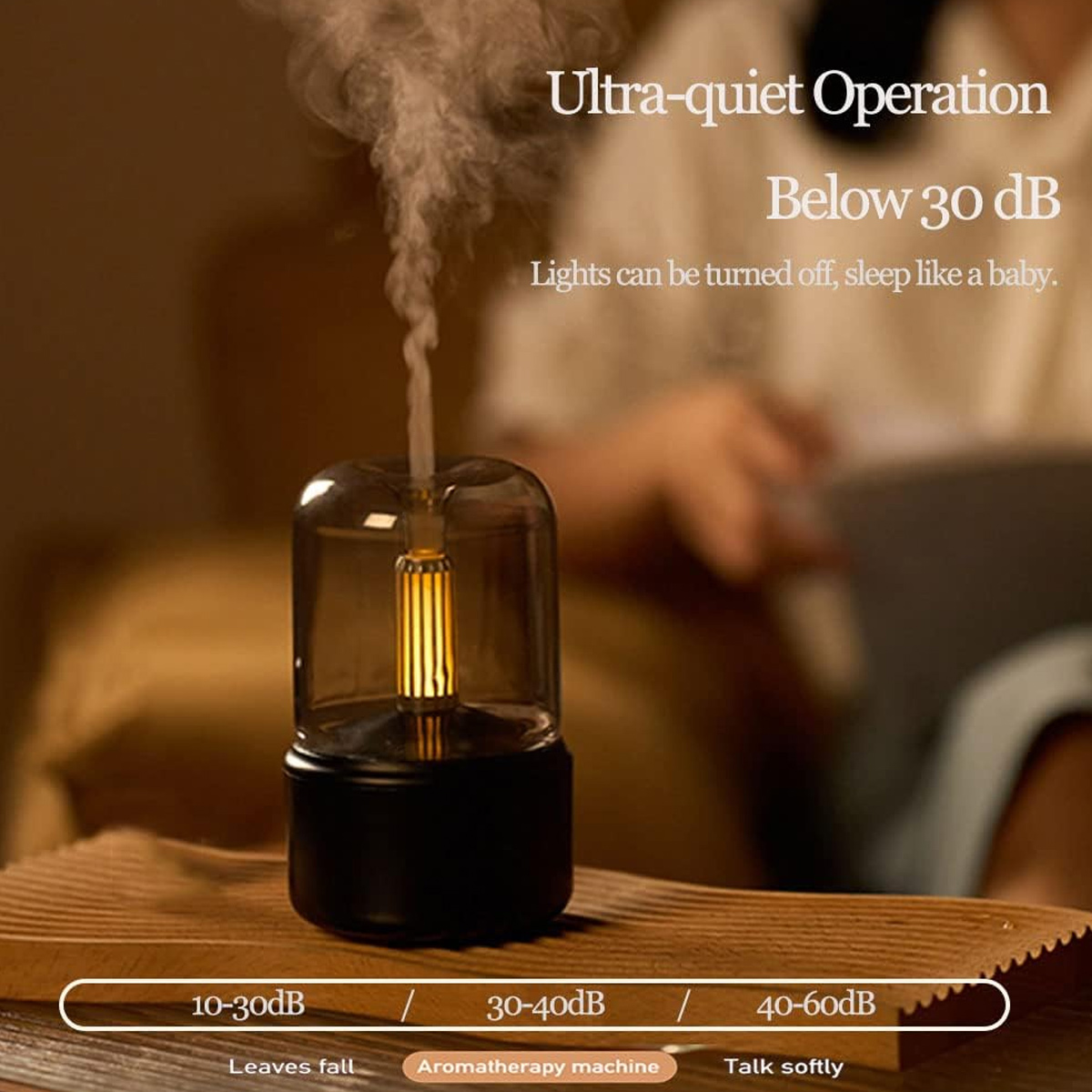 Aromadiffusor mit hellem und dunklem Sockel. Der Text auf dem Bild lautet "Ultra-leiser Betrieb Unter 30 dB".