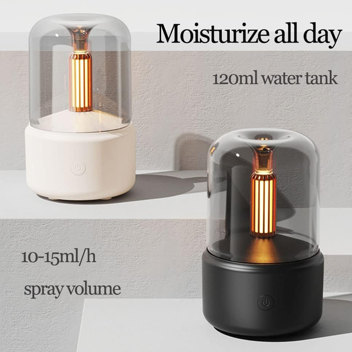 Zwei weiße und schwarze Luftbefeuchter mit Glasaufsatz. Sie haben die Sprühmenge und Wassertankinfo.