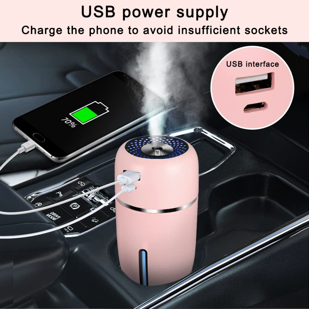 Ein rosa USB-Netzteil im Auto, das ein Telefon mit 70% Akkuladung auflädt.