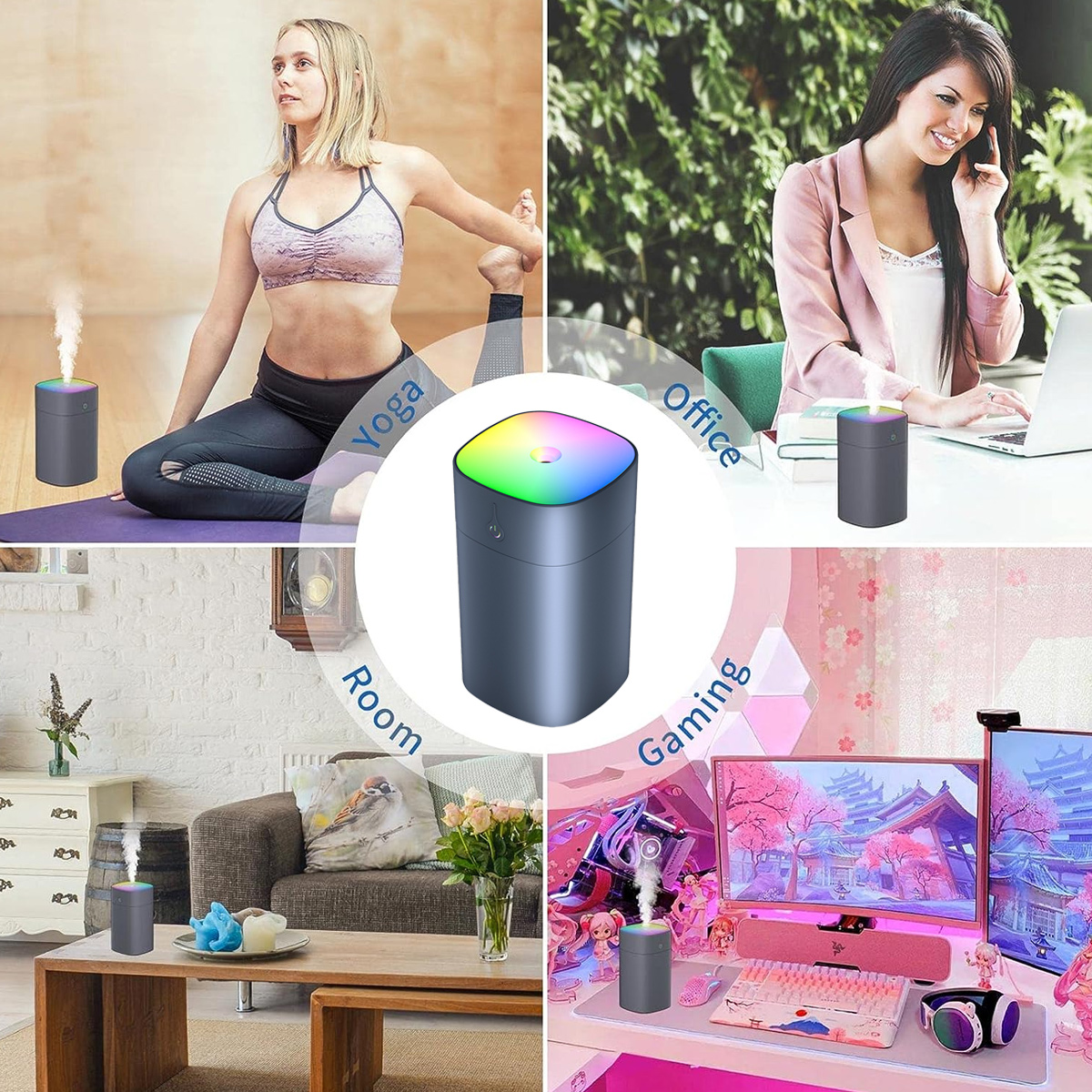 Aromadiffusor in 4 Szenen: Yoga, Büro, Zimmer und Gaming. Diffusor emittiert farbiges Licht und Dampf.