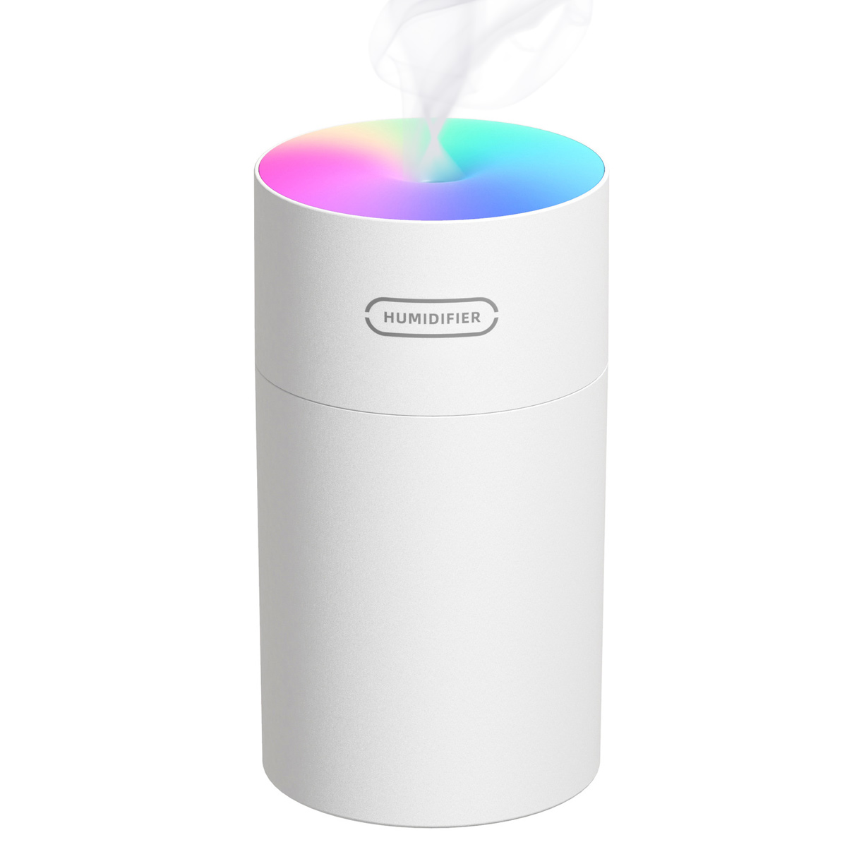 Weißer Luftbefeuchter mit dampfabgebendem Oberteil und kreisförmigem Licht, das die Farben wechselt. Wort HUMIDIFIER.