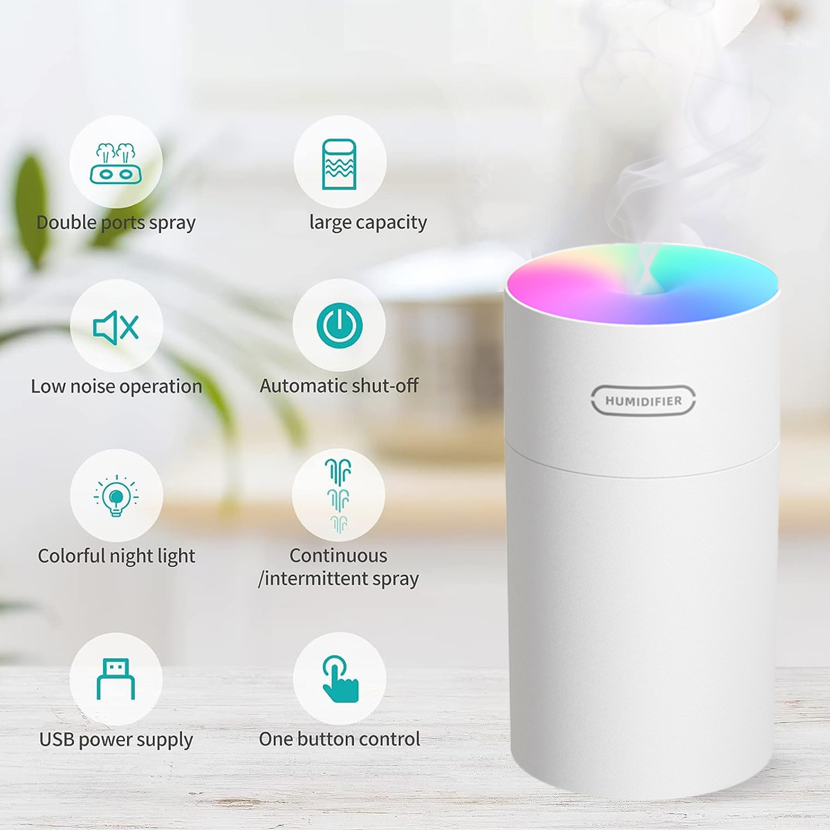 Ein weißer Luftbefeuchter mit bunten Lichtern, mit Symbolen für Funktionen wie USB-Stromversorgung.