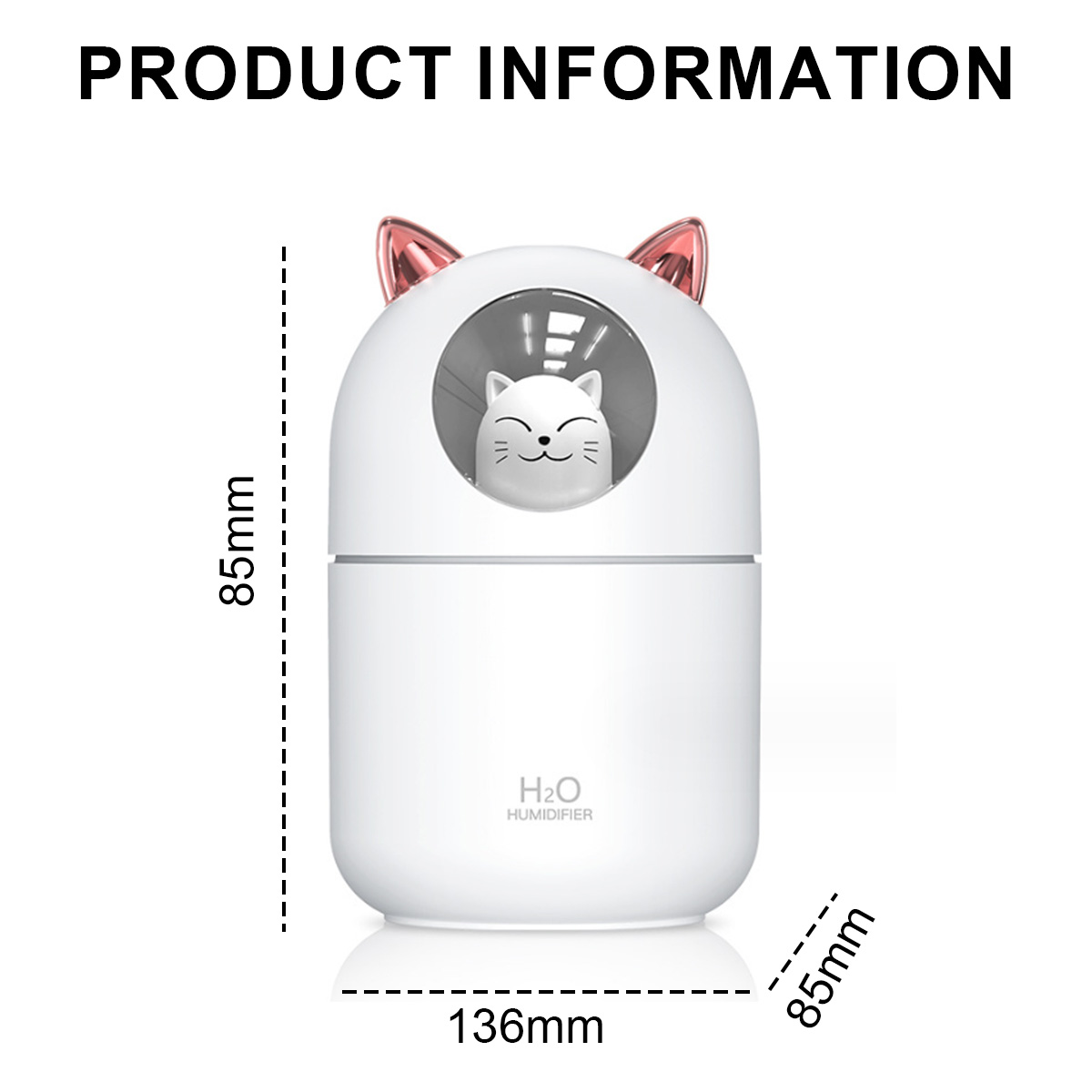 Weißer Luftbefeuchter mit katzenförmigem Aufsatz, Maße angegeben. Weißer Hintergrund.