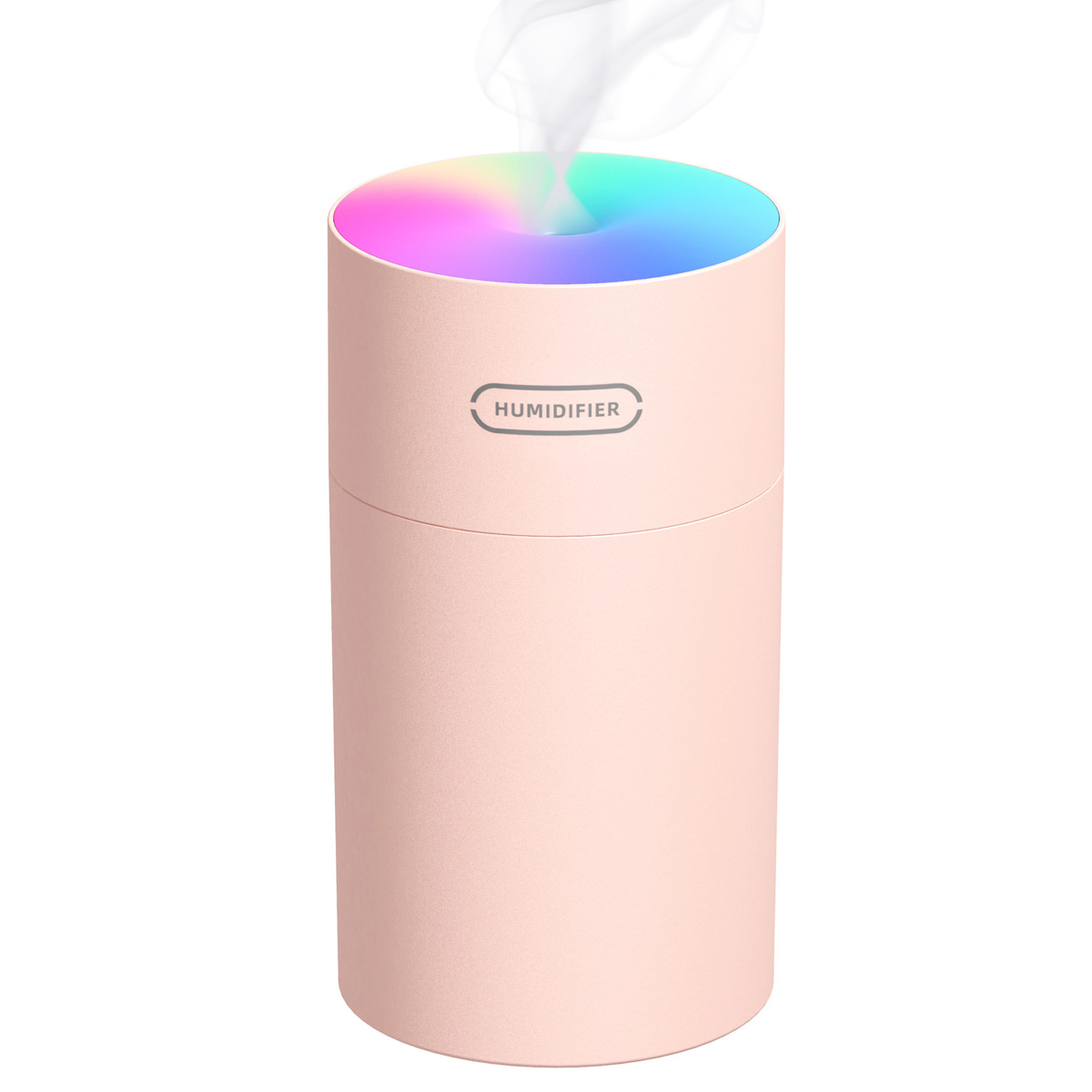 Rosa Luftbefeuchter mit bunten Lichtern oben, mit dem Wort 'HUMIDIFIER' auf der Vorderseite.