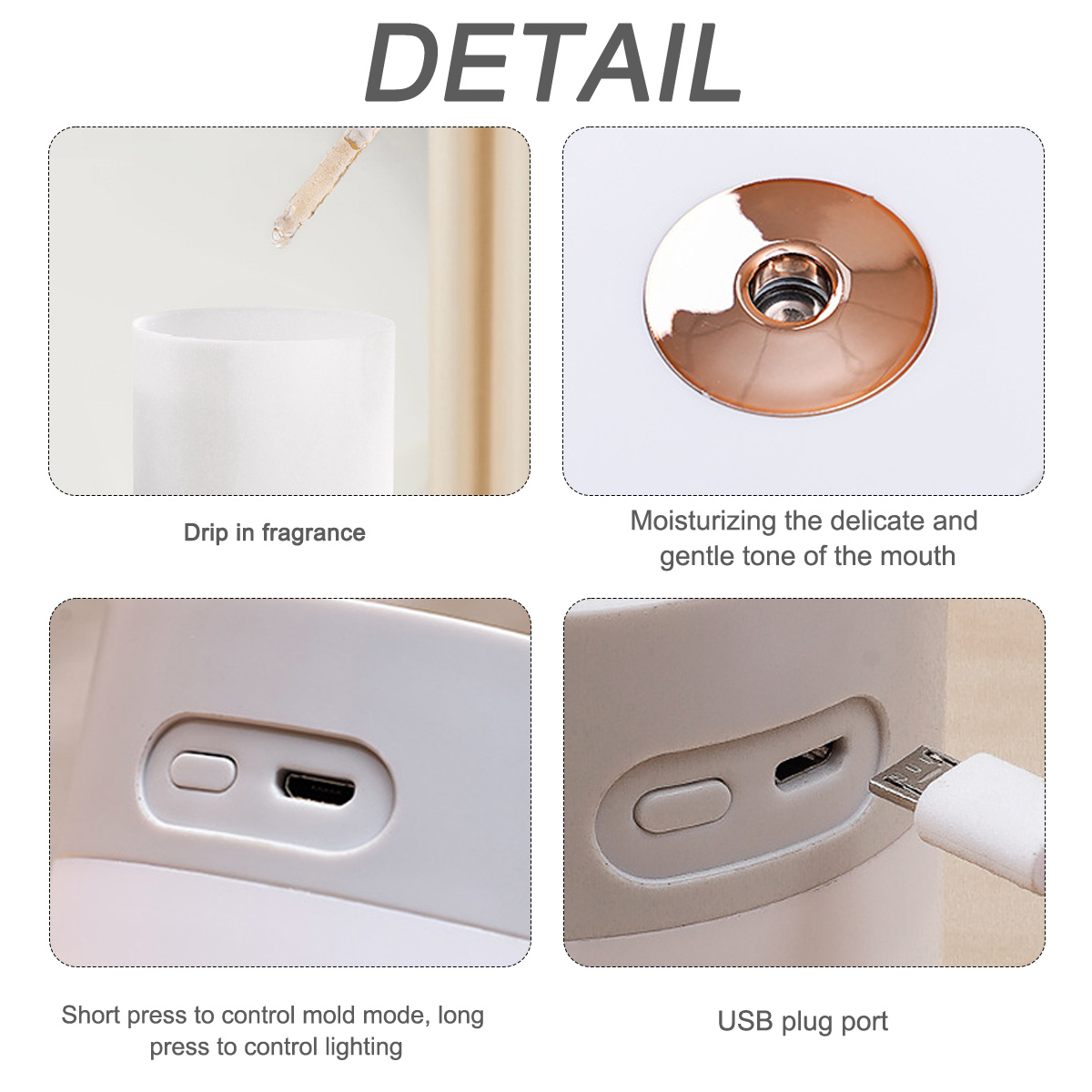 Nahaufnahmen, die ein weißes Gerät mit USB-Anschluss und eine Flüssigkeitsausgabe-Düse zeigen.