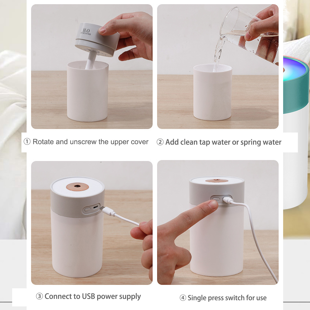 Anweisungen für einen Luftbefeuchter: drehen, mit Wasser füllen, USB anschließen und Schalter drücken.
