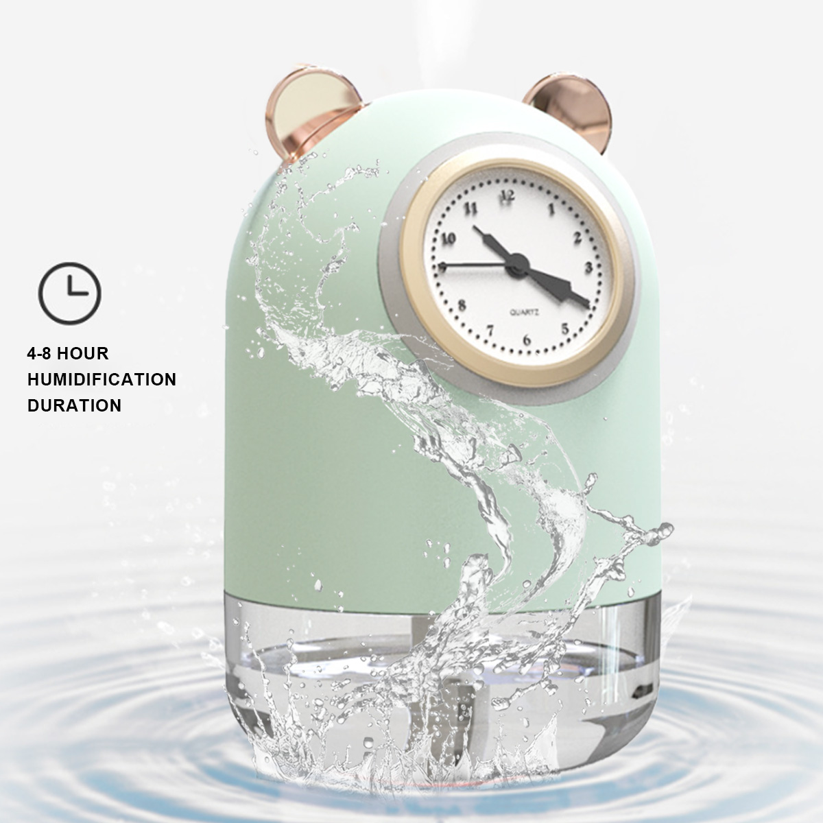 Ein türkisgrüner Luftbefeuchter in Bärenform mit Uhr. Wasser spritzt heraus.