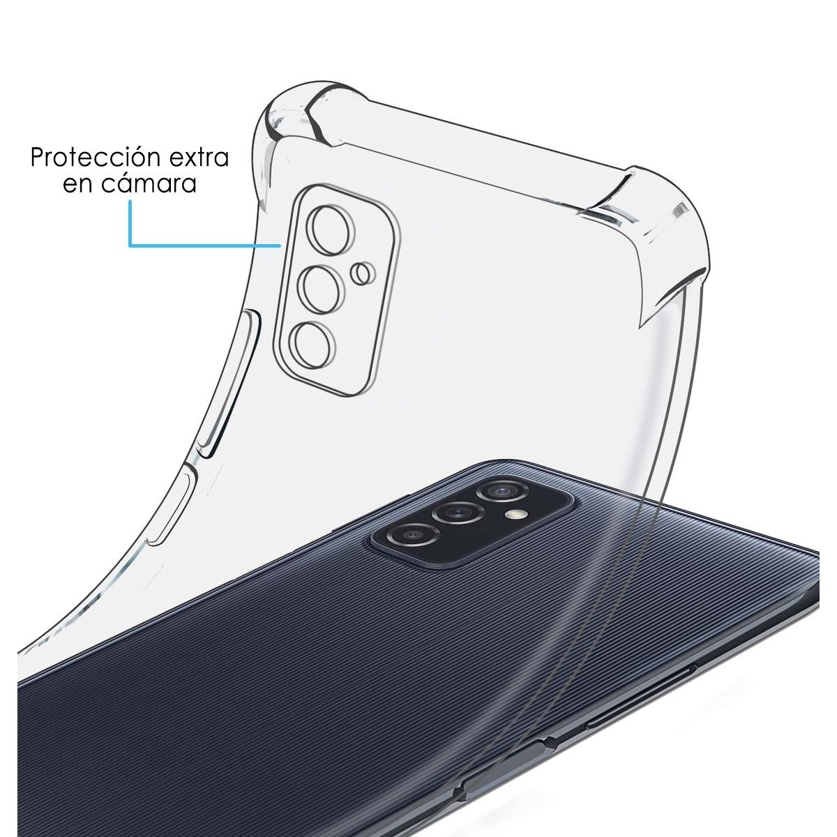 Funda transparente de teléfono con un teléfono dentro, mostrando el contorno de un teléfono y protección de cámara.