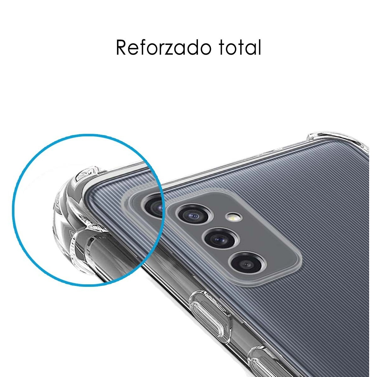 Primer plano de una funda de teléfono transparente con un teléfono dentro. La funda tiene esquinas reforzadas.