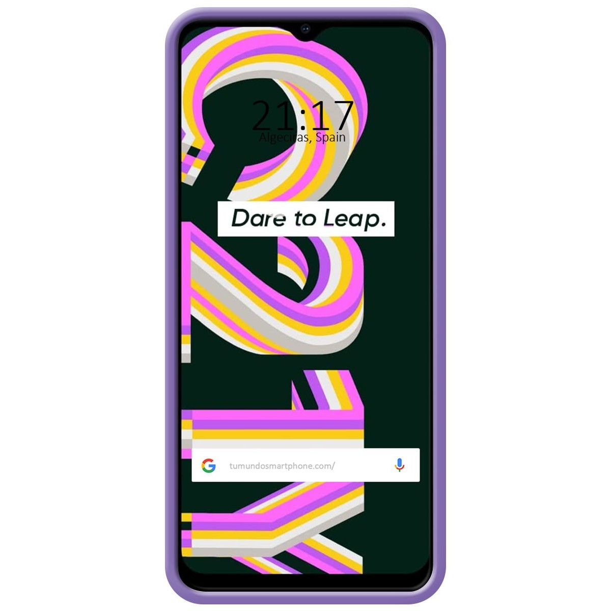 Un teléfono con un diseño abstracto colorido en la pantalla y una funda morada.