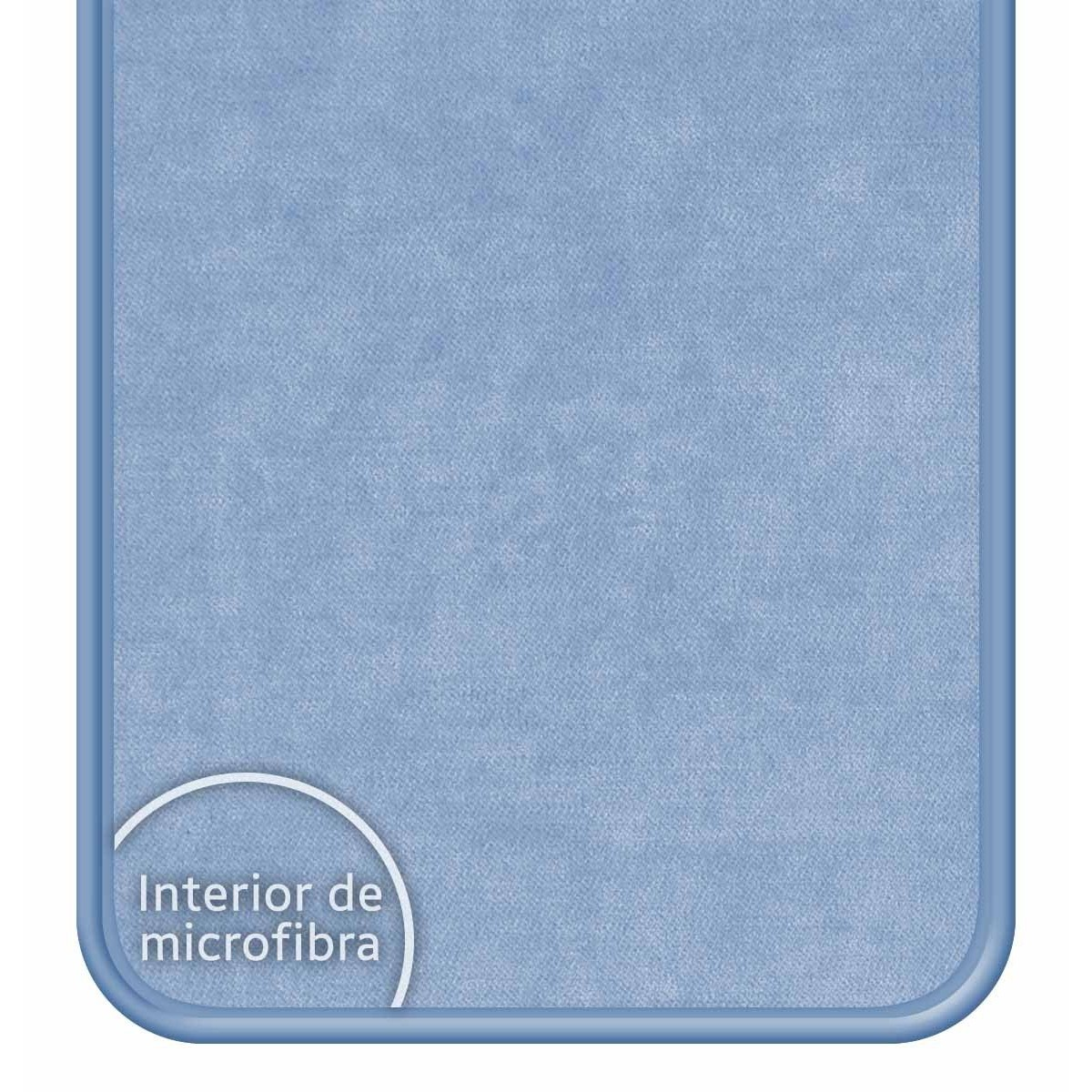 Funda de teléfono azul con interior de microfibra. Texto 'Interior de microfibra'.