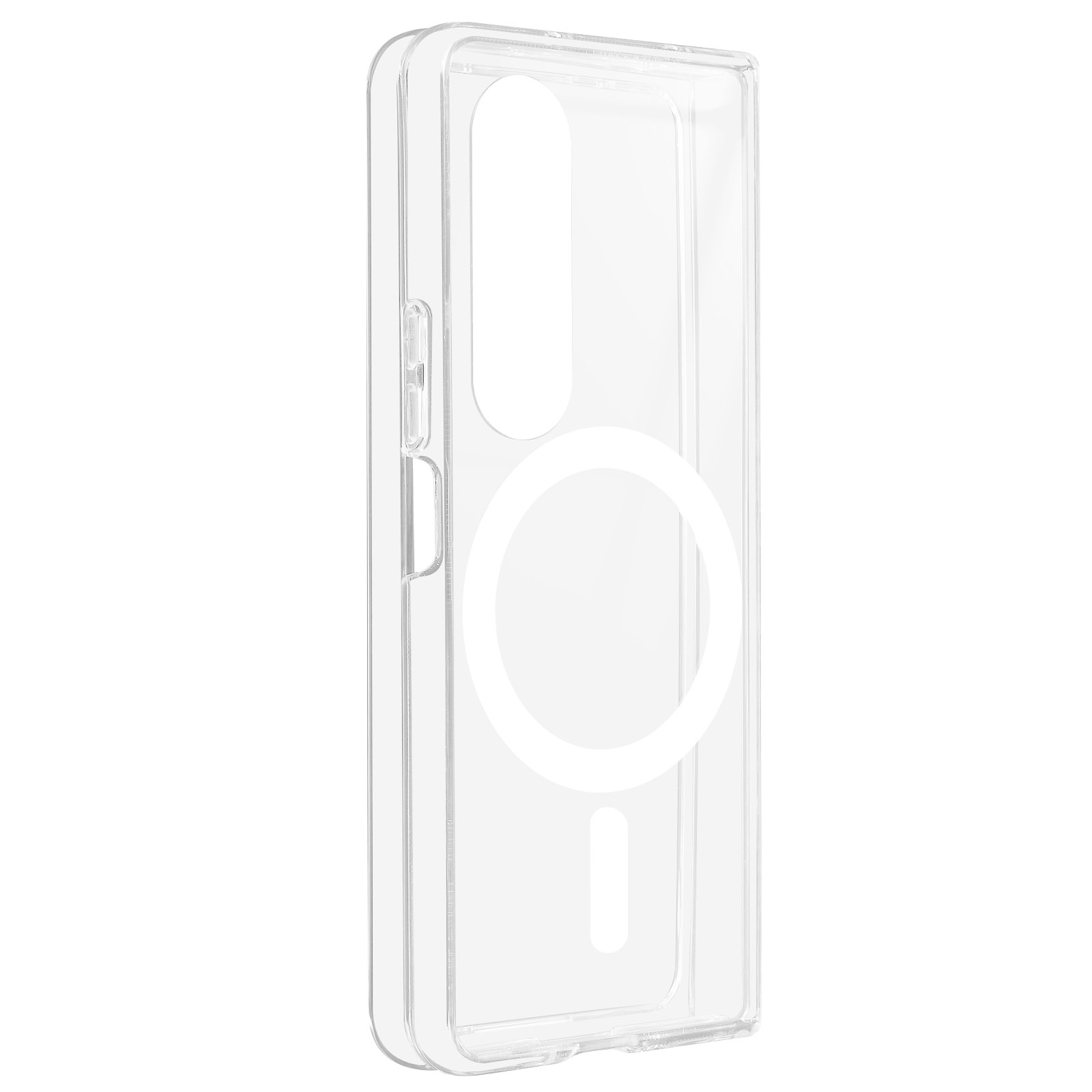 Custodia trasparente per telefono con cerchio magsafe e area di ricarica, su sfondo bianco.