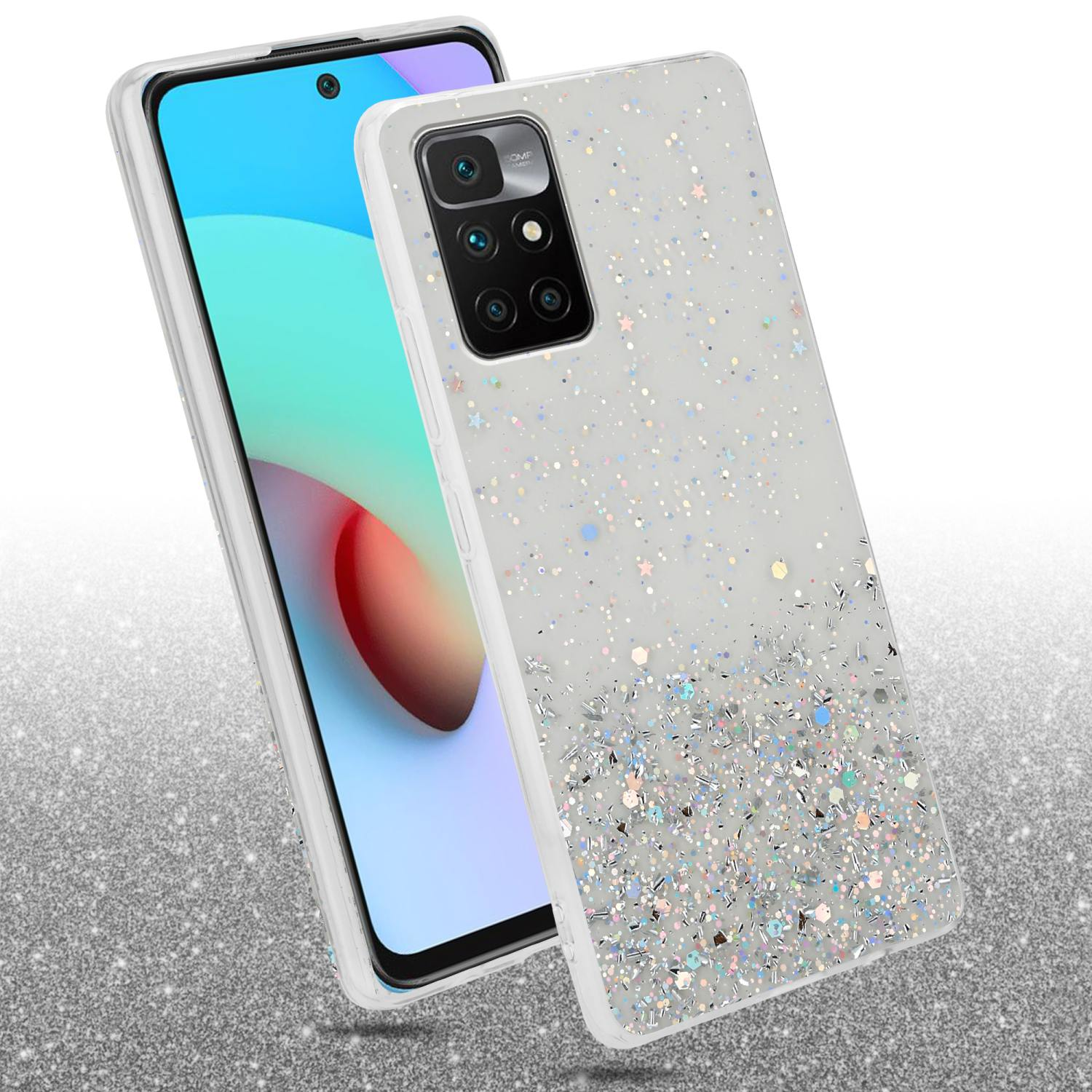 Custodia per telefono con glitter, stelle e un telefono.