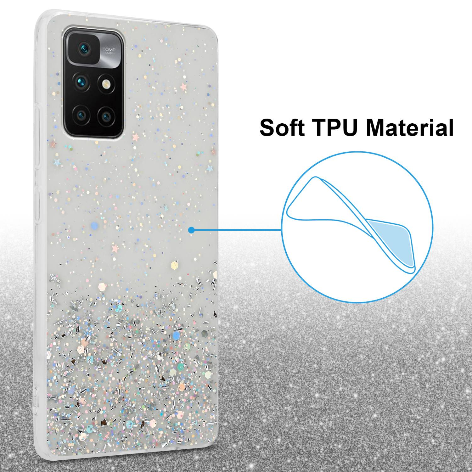 Una custodia per telefono con un design glitterato e un diagramma che mostra il materiale TPU.