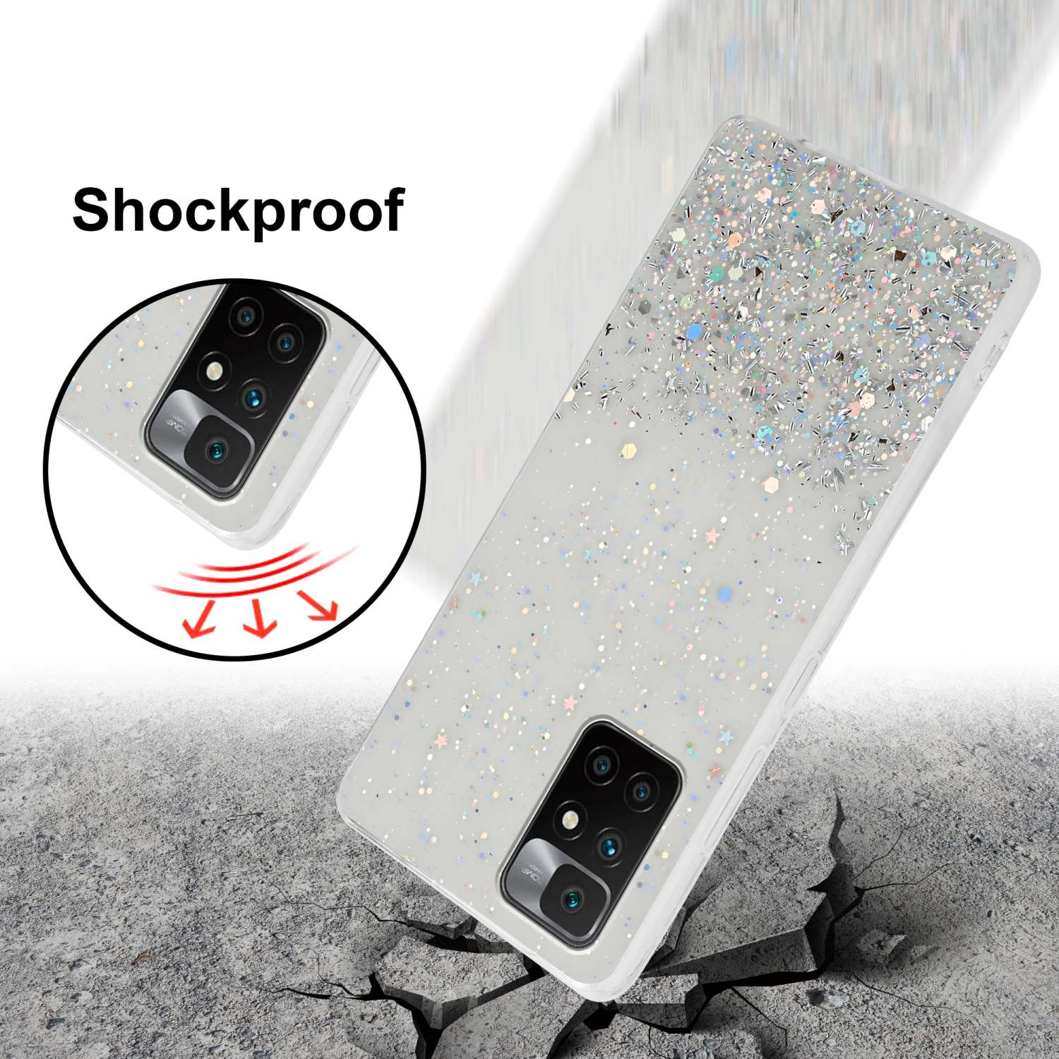 Custodia bianca con glitter. Effetto pavimento crepato, frecce indicano l'impatto. Testo 'Shockproof'.
