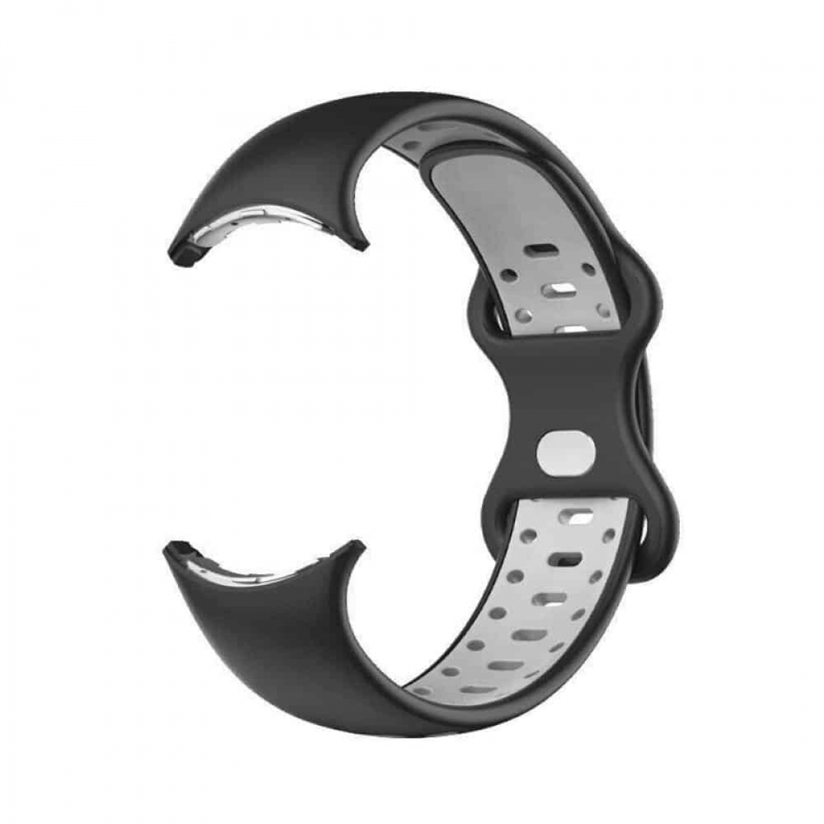 Ein schwarzes und graues Uhrenarmband, gebogen, mit Löchern zur Anpassung, isoliert auf weißem Grund.